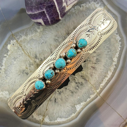 Native American Sterling Silver 5 Turquoise Stamped Hair Barrette For Women #2