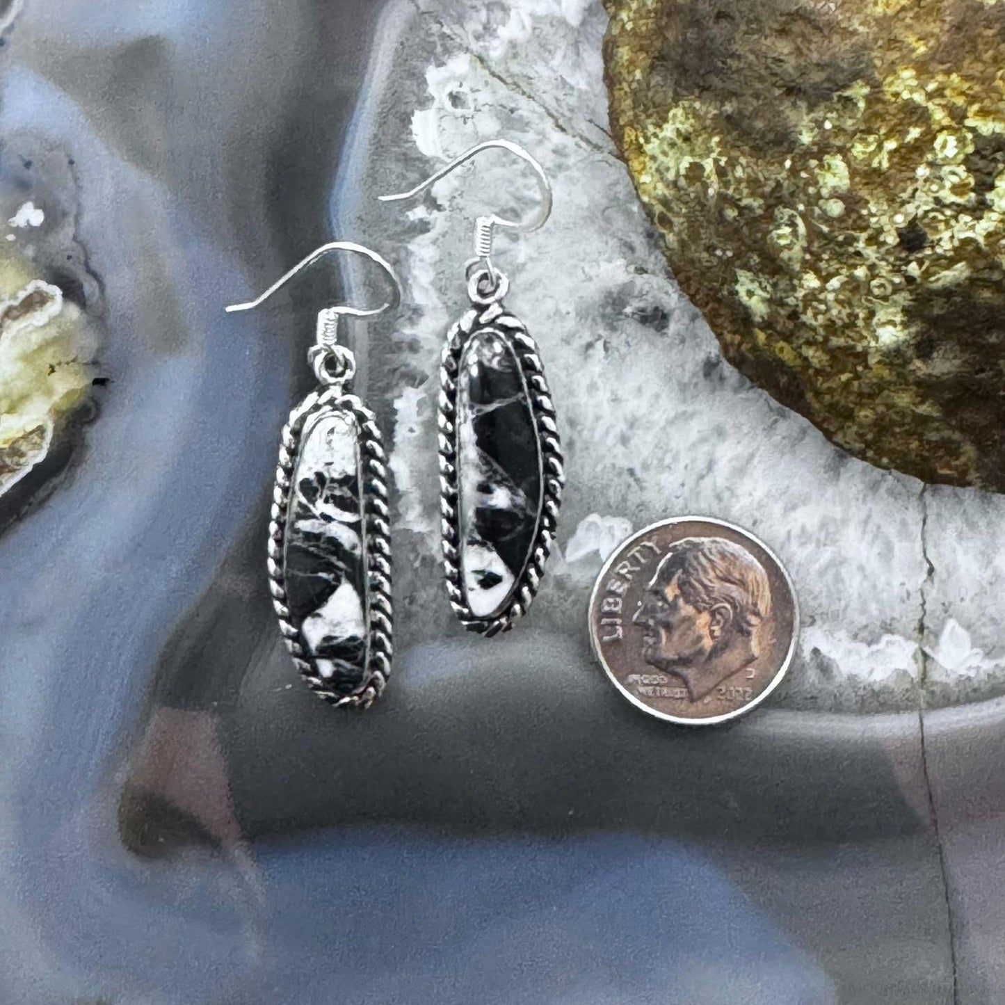 Native American Sterling Silver Natural Elongated White Buffalo Dangle Earrings For Women