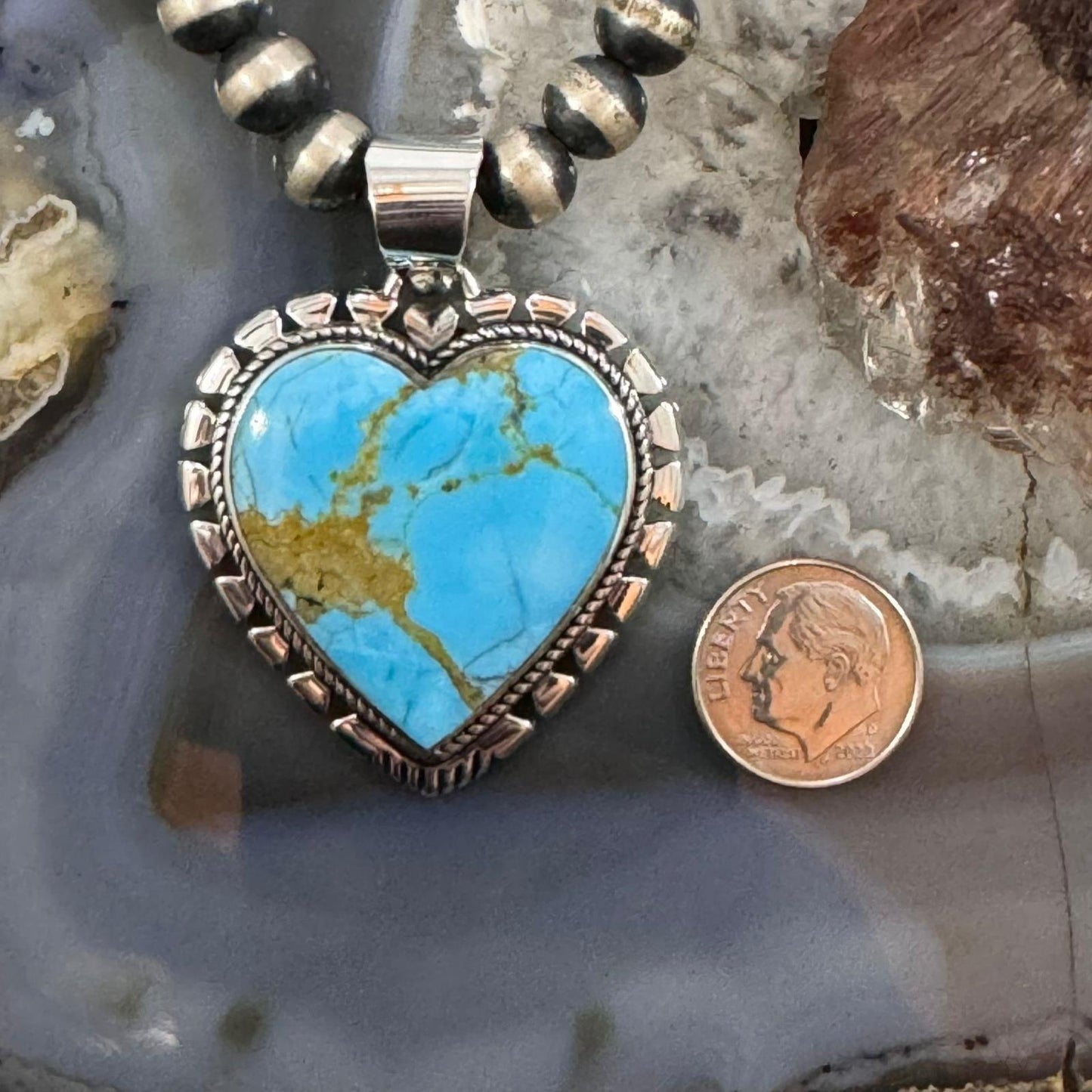 Native American Sterling Silver  Large Blue Ridge Turquoise Heart Pendant For Women #1