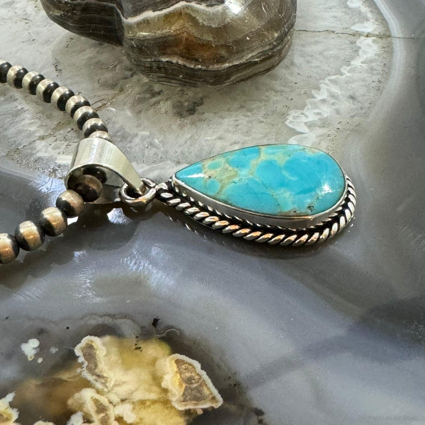 Native American Sterling Silver Teardrop Kingman Turquoise Decorated Unisex Pendant