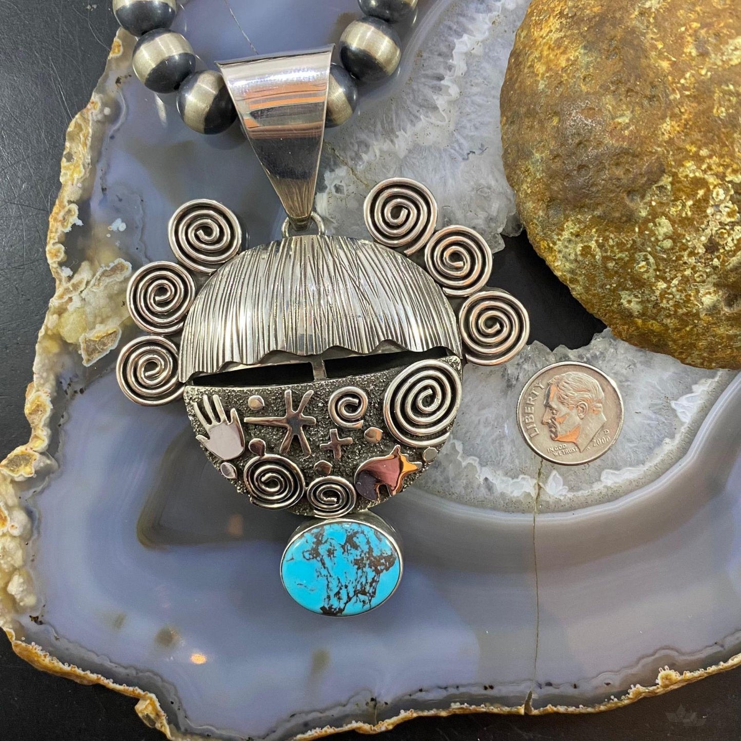 Alex Sanchez Native American Sterling Silver Turquoise Kachina Maiden Face Petroglyph Pendant For Women