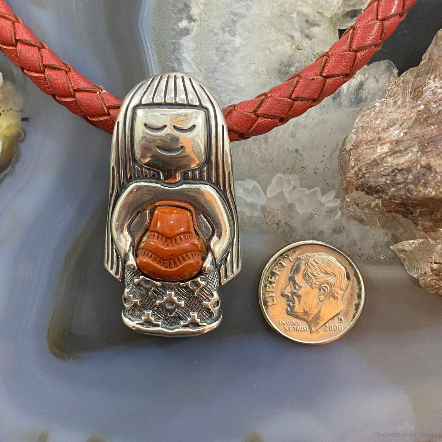 Jody Naranjo and Carolyn Pollack Sterling Silver Carved Red Jasper Decorated Maiden Pendant For Women