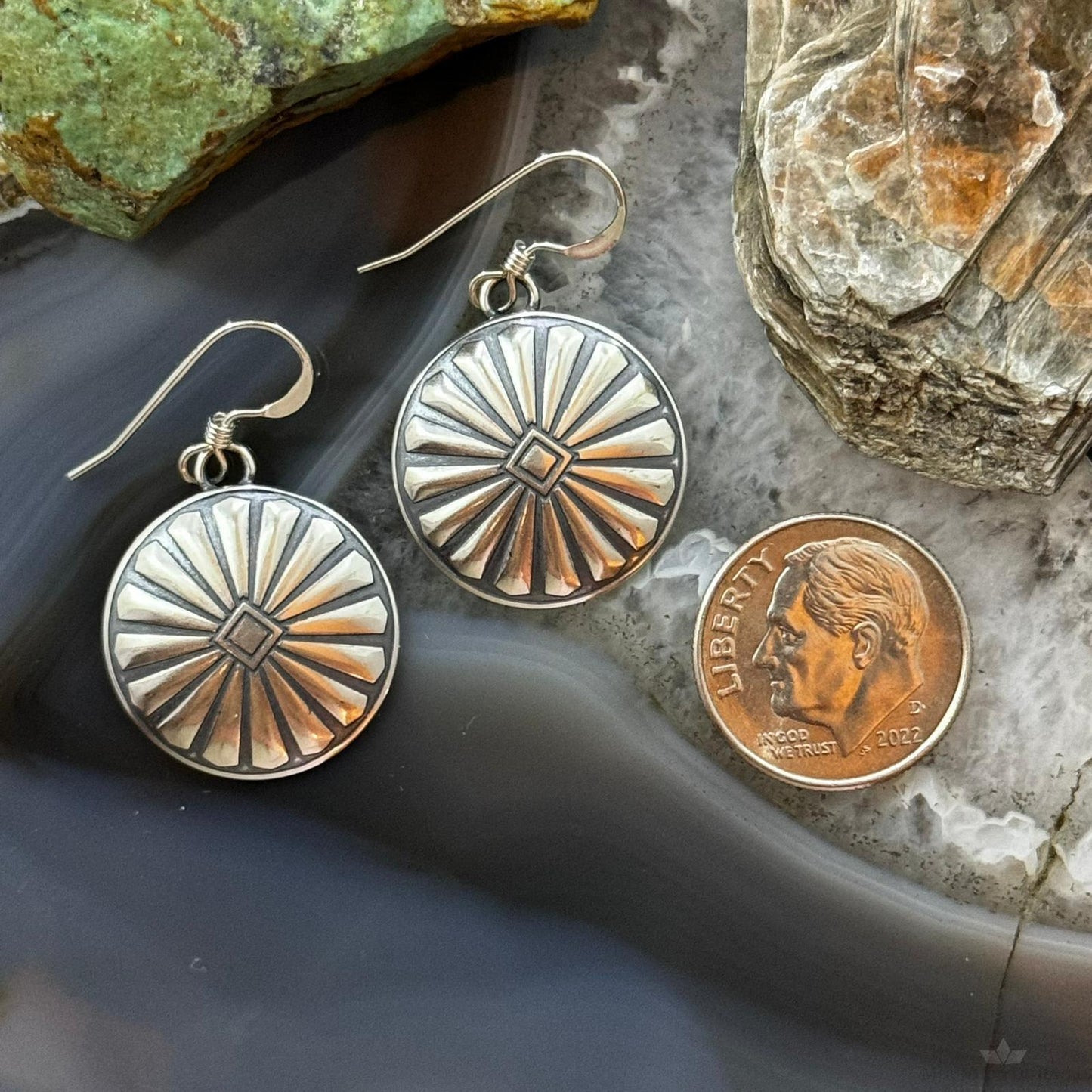 Native American Sterling Silver Sunburst Round Concho Stamped Dangle Earrings For Women