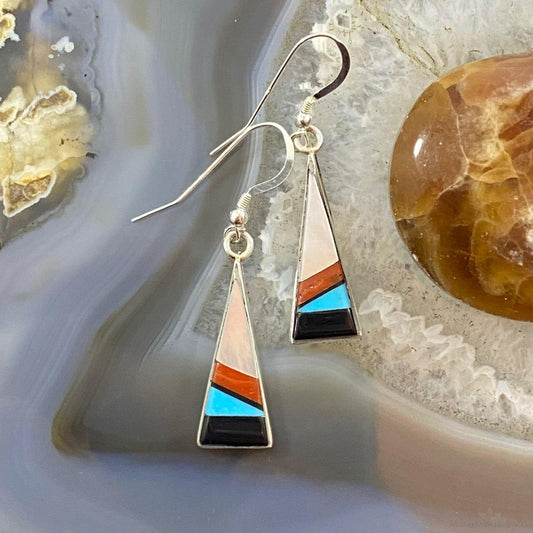 Sheryl Edaakie Zuni Native American Sterling Silver Triangle Inlay Dangle Earrings For Women