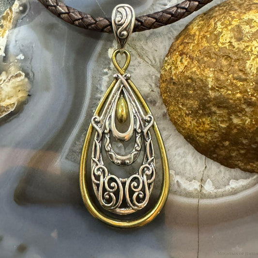 Carolyn Pollack Sterling Silver & Brass Decorated Teardrop Enhancer Pendant For Women