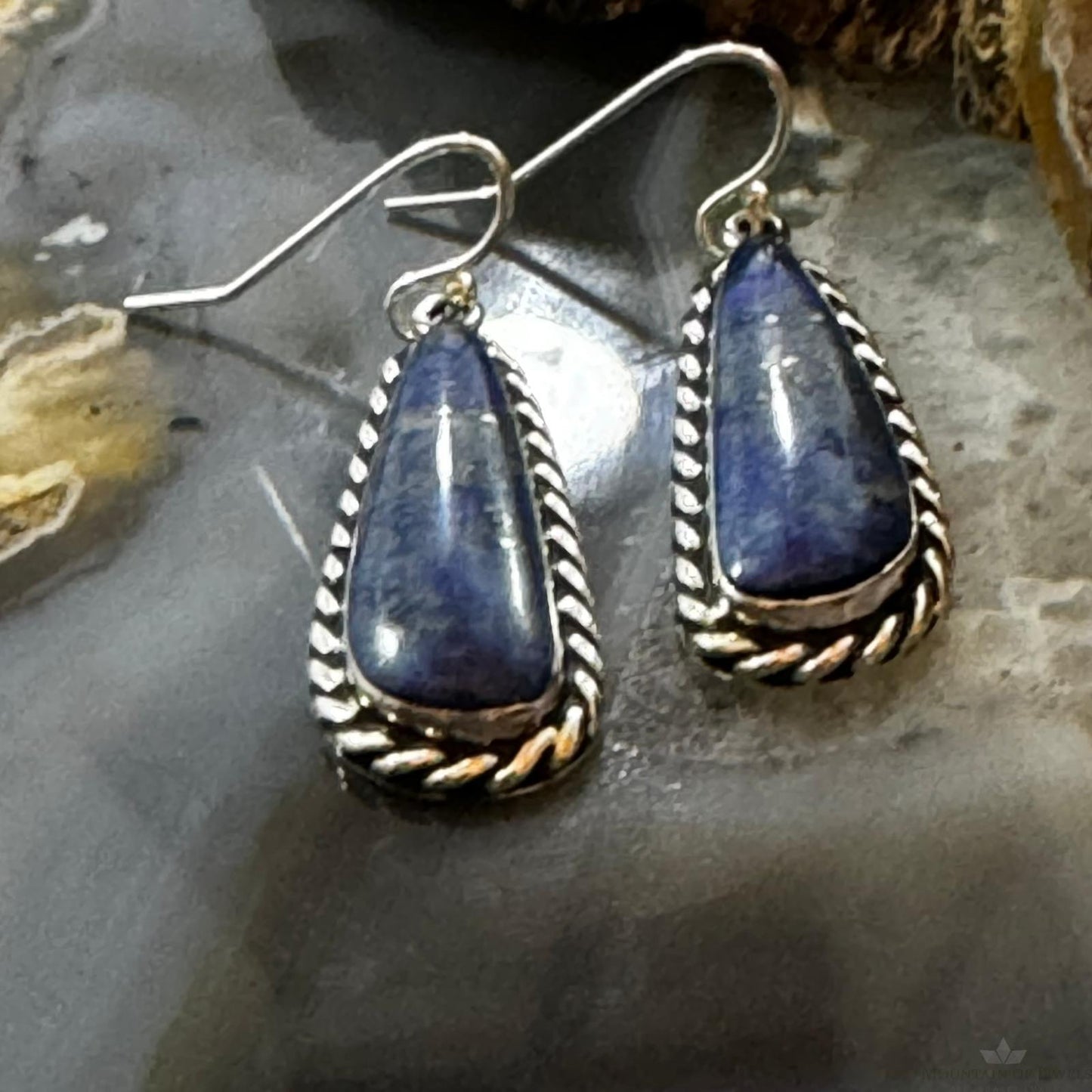 Native American Sterling Silver Teardrop Denim Lapis Dangle Earrings For Women