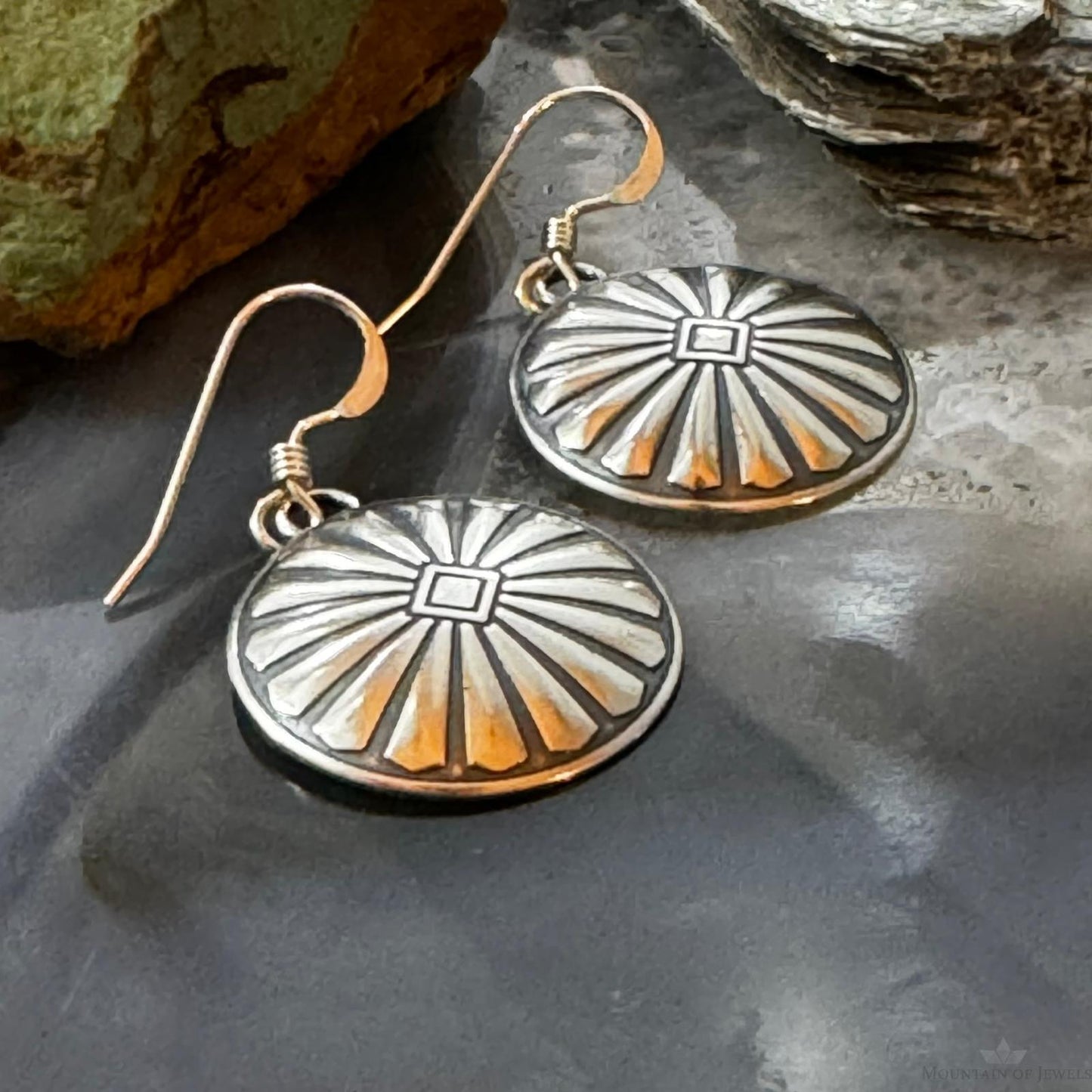 Native American Sterling Silver Sunburst Round Concho Stamped Dangle Earrings For Women