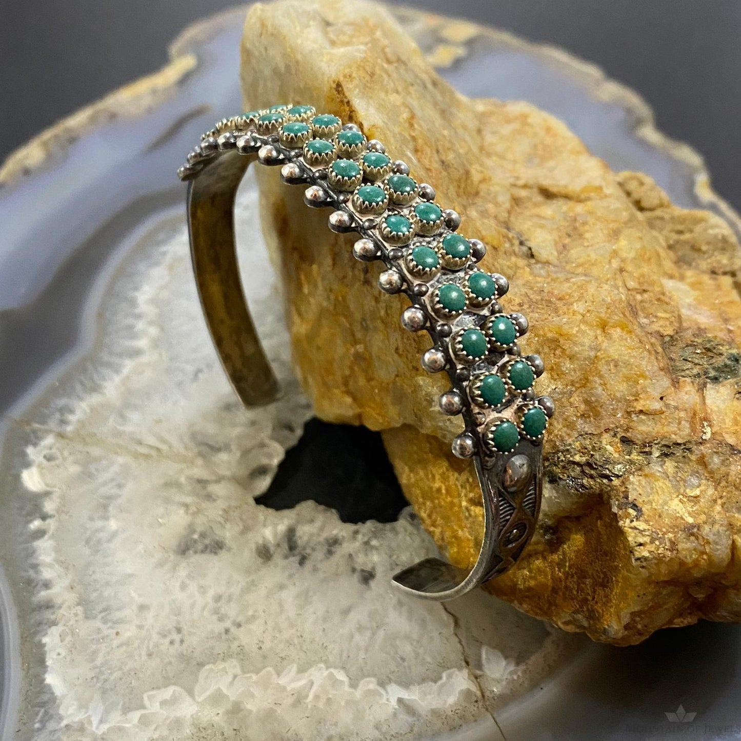 Vintage Native American Sterling Silver Turquoise Pettit Point Double Row Bracelet For Women