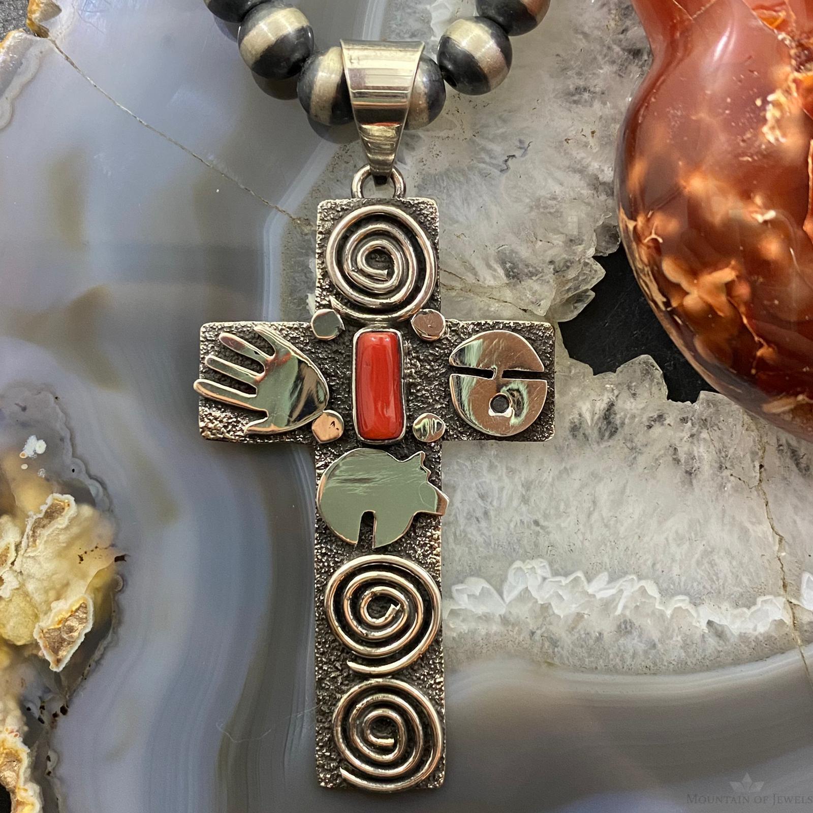 Alex Sanchez Native American Sterling Coral Petroglyph Cross Uni Pendant #3 - Mountain Of Jewels