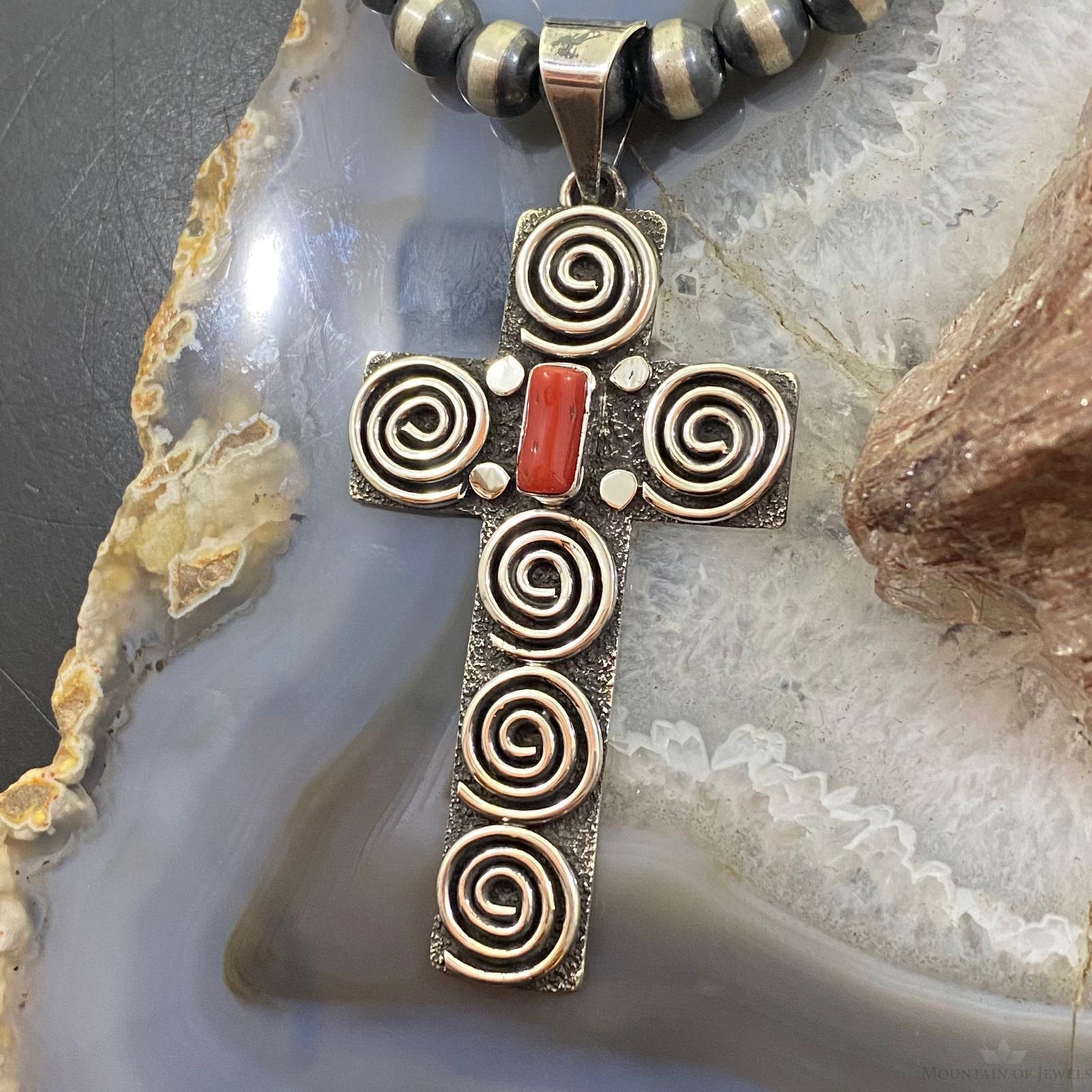 Alex Sanchez Native American Sterling Coral Petroglyph Cross Unisex Pendant #2 - Mountain Of Jewels