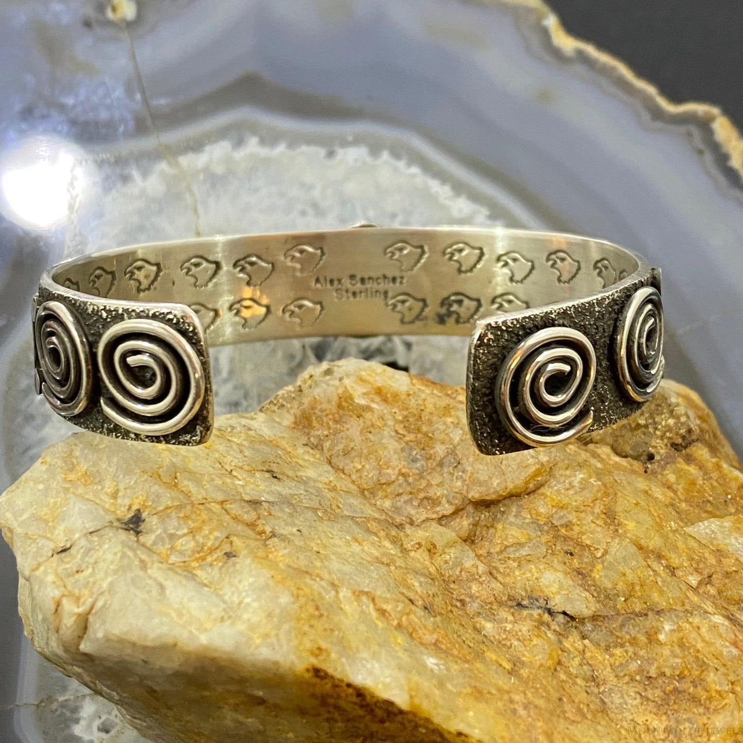 Alex Sanchez Native American Sterling Silver Turquoise Petroglyph Bracelet #1 - Mountain Of Jewels
