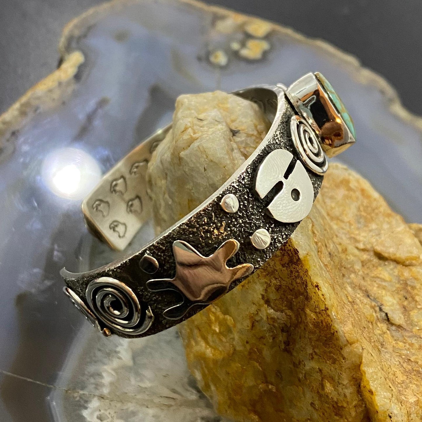 Alex Sanchez Native American Sterling Silver Turquoise Petroglyph Bracelet #1 - Mountain Of Jewels