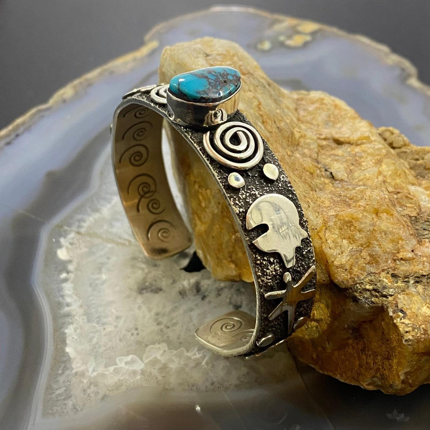 Alex Sanchez Native American Sterling Silver Turquoise Petroglyph Bracelet For Women #3 - Mountain of Jewels