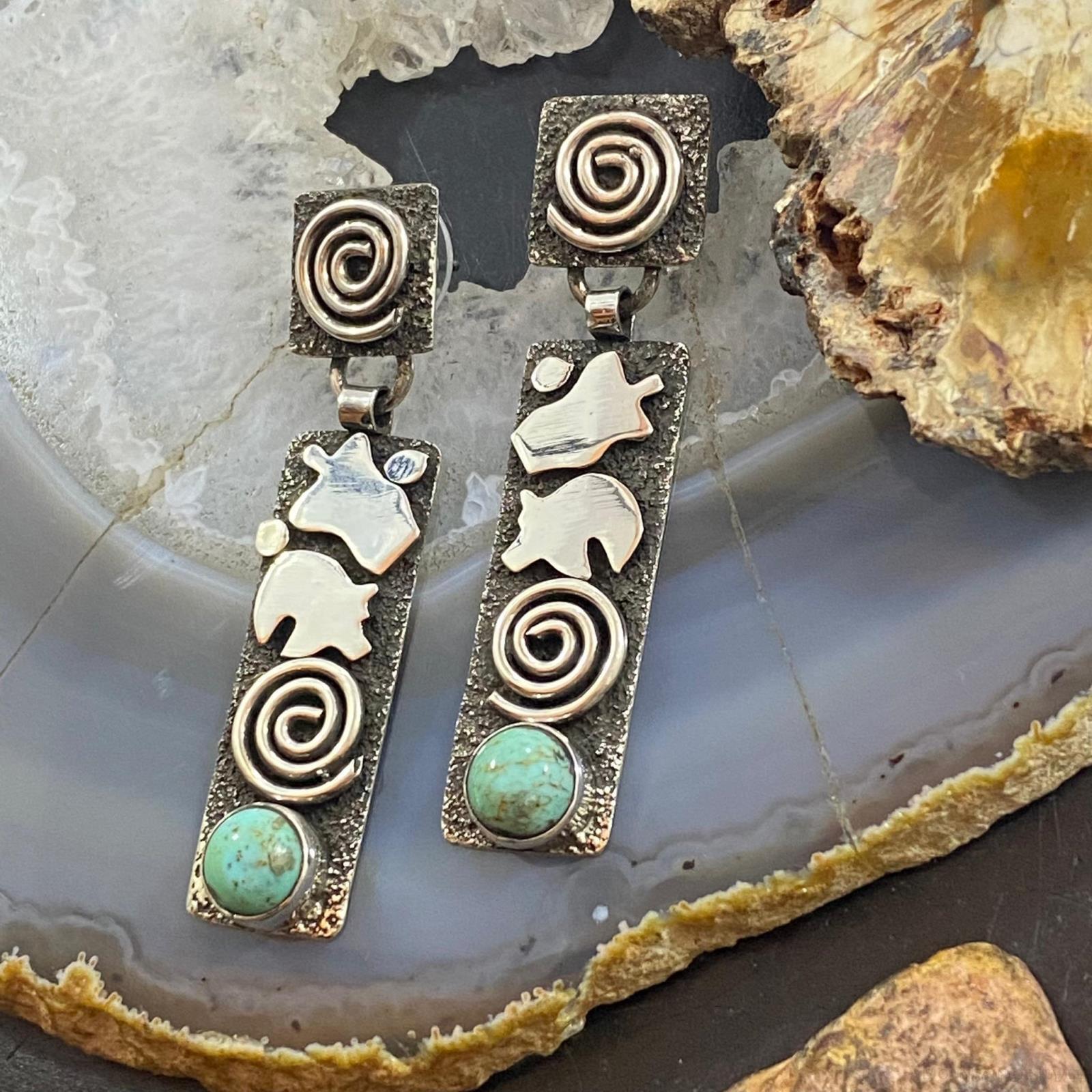Alex Sanchez Native American Sterling Silver Turquoise Petroglyph Earrings For Women - Mountain of Jewels