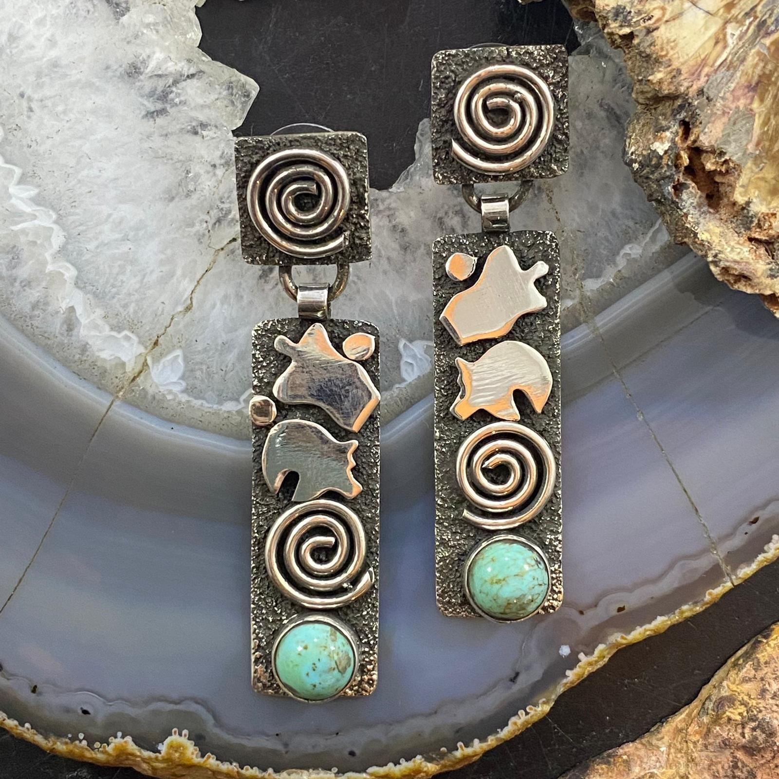 Alex Sanchez Native American Sterling Silver Turquoise Petroglyph Earrings For Women - Mountain of Jewels
