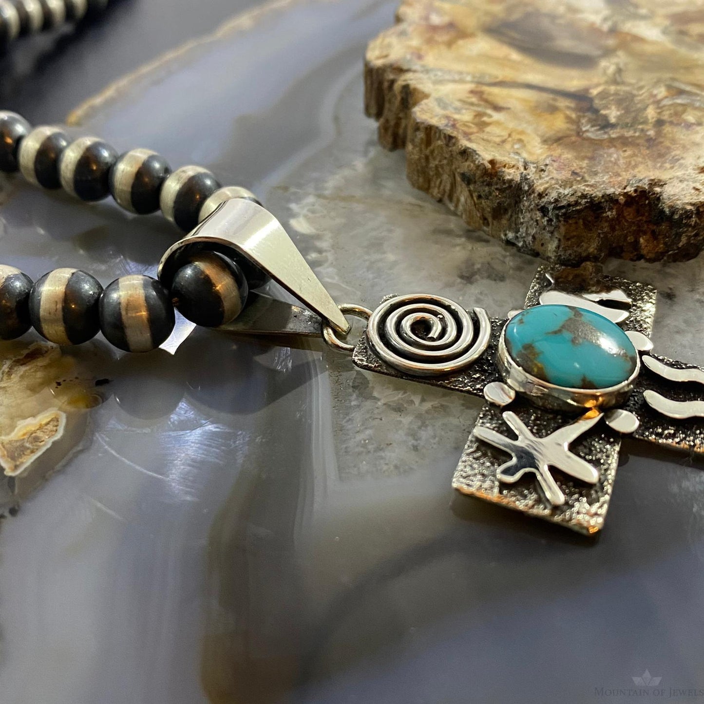 Alex Sanchez Native American Sterling Turquoise Petroglyph Cross Uni Pendant #1 - Mountain of Jewels
