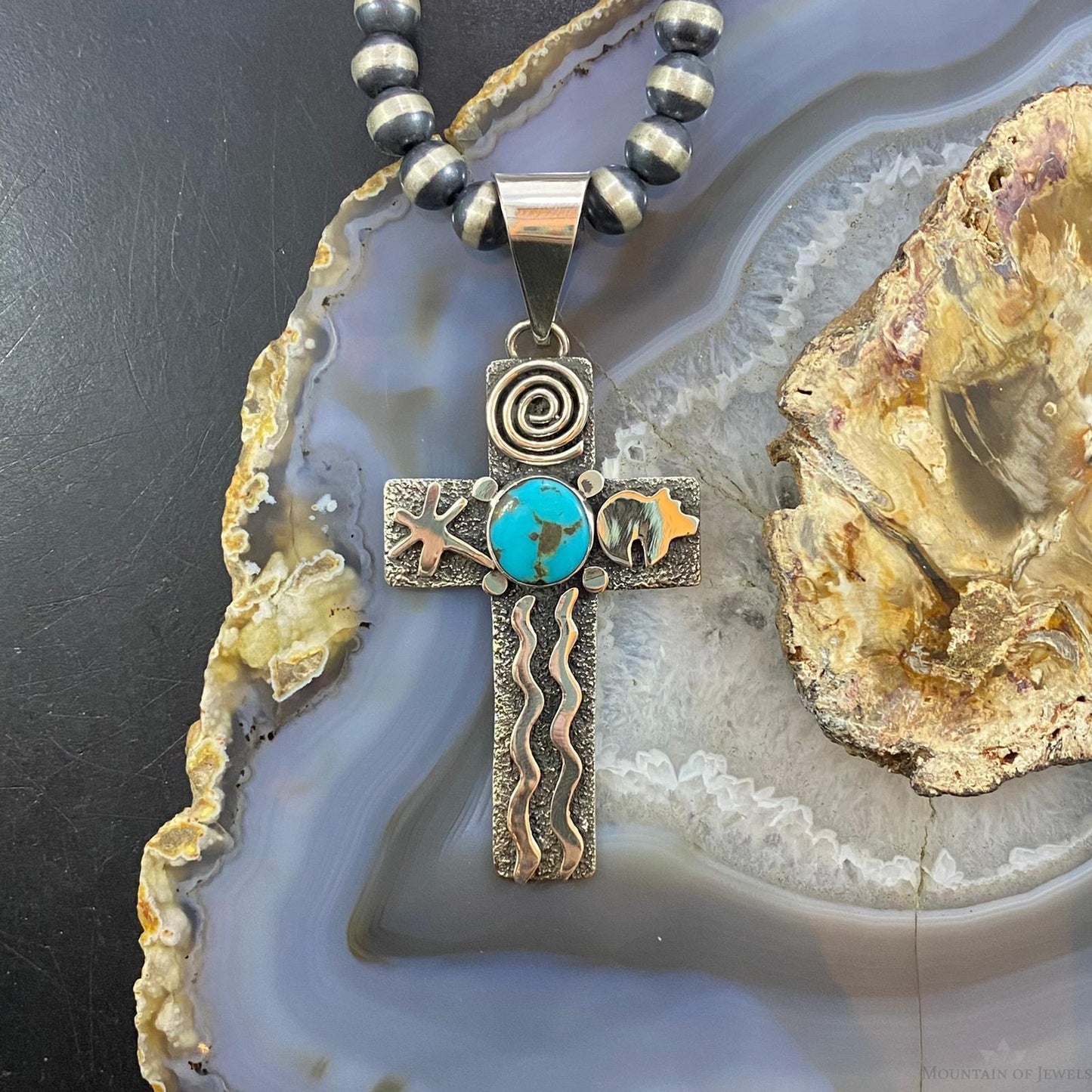 Alex Sanchez Native American Sterling Turquoise Petroglyph Cross Uni Pendant #1 - Mountain of Jewels
