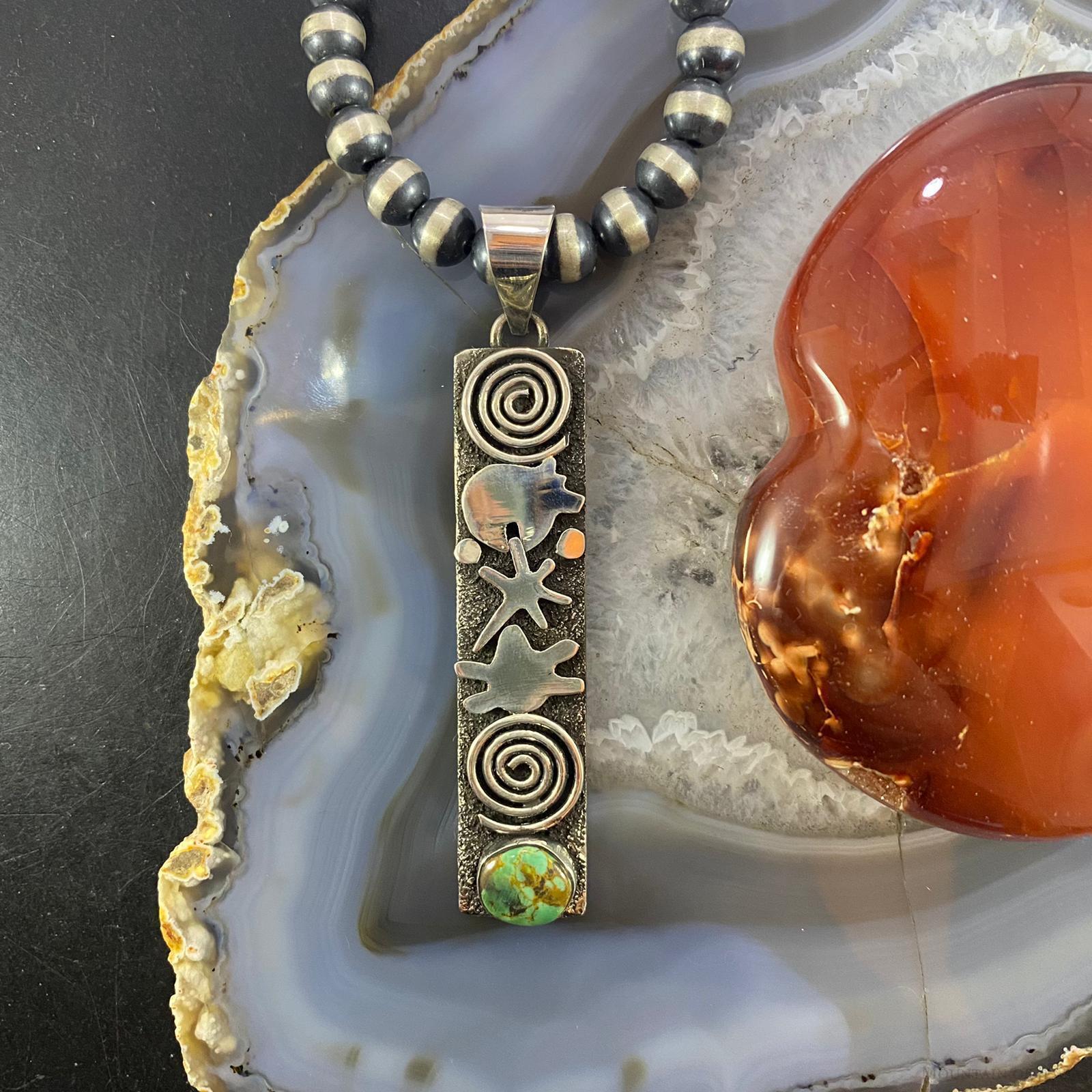 Alex Sanchez Native American Sterling Turquoise & Petroglyph Uni Long Pendant - Mountain of Jewels