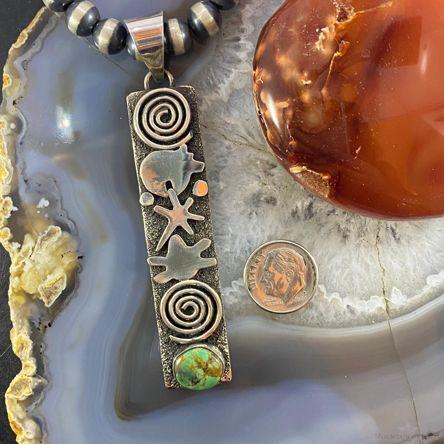 Alex Sanchez Native American Sterling Turquoise & Petroglyph Uni Long Pendant - Mountain of Jewels