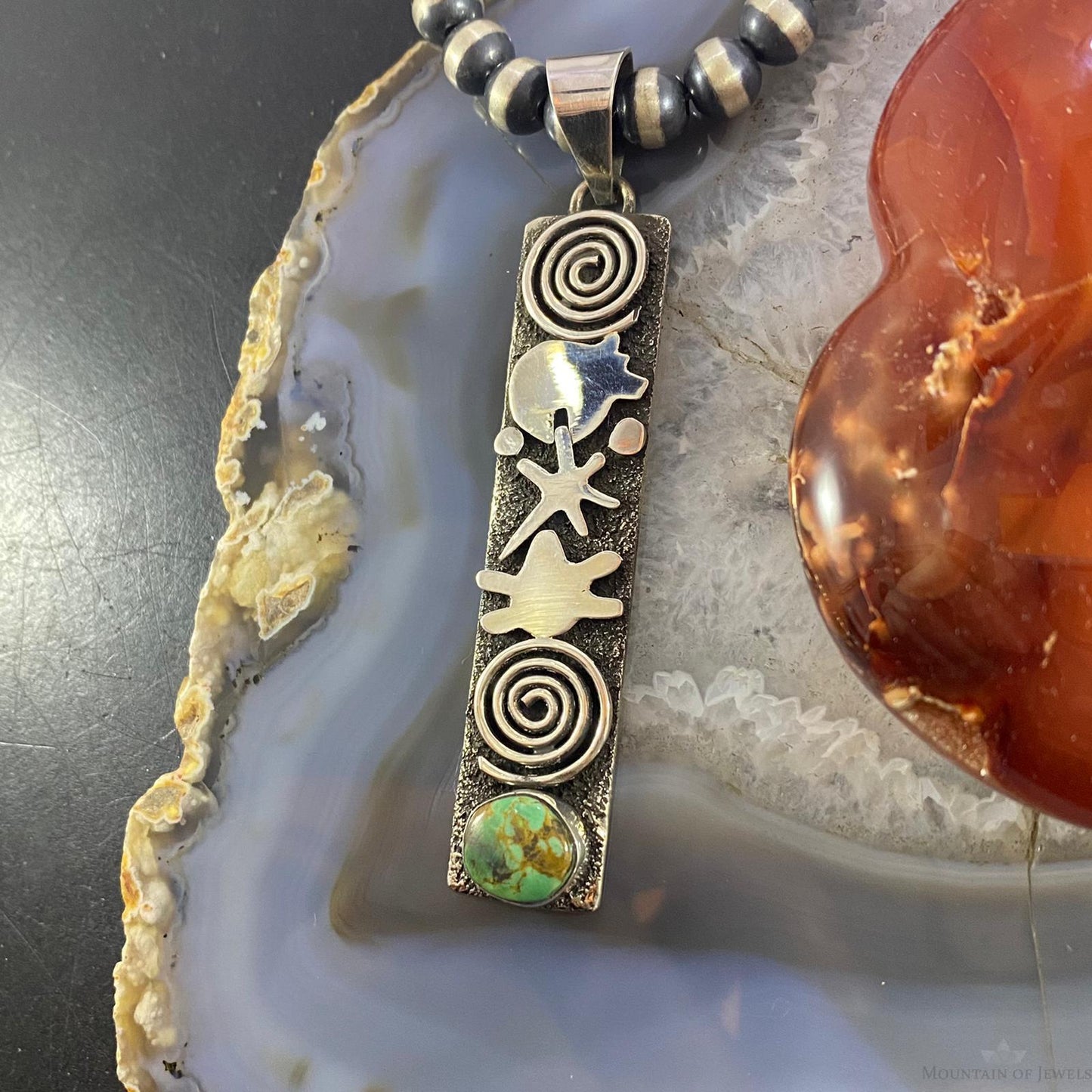 Alex Sanchez Native American Sterling Turquoise & Petroglyph Uni Long Pendant - Mountain of Jewels