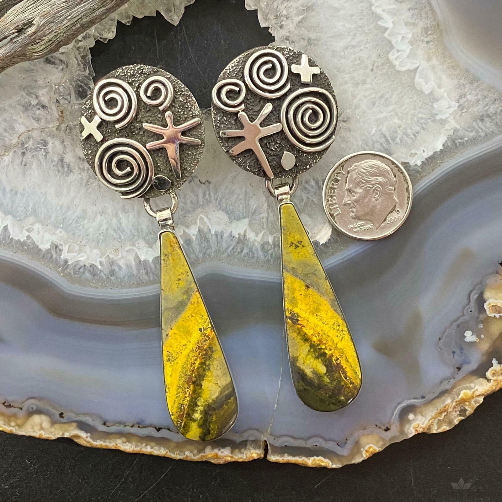 Alex Sanchez Sterling Silver Bumblebee Jasper Petroglyph Drop Earrings For Women - Mountain Of Jewels