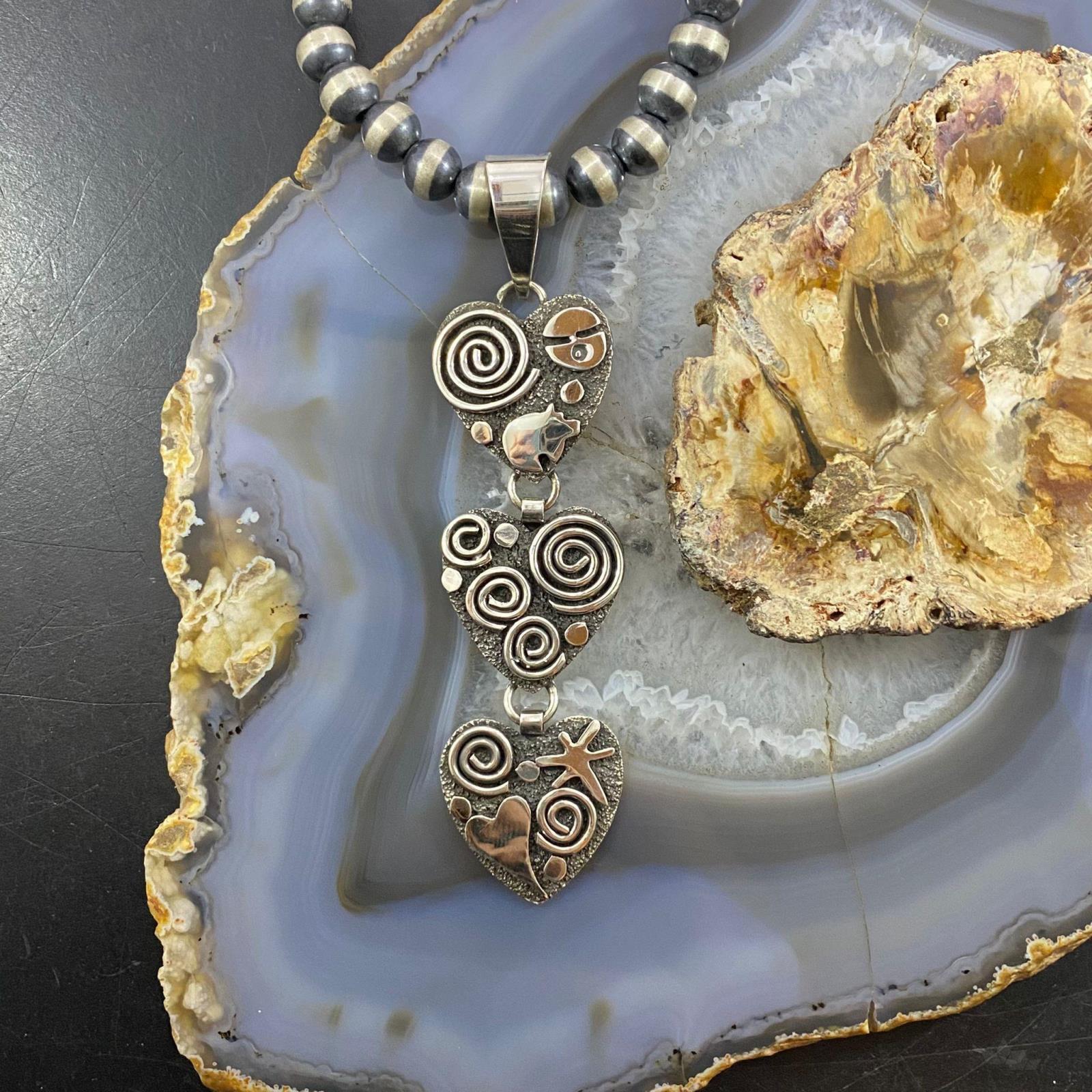 Alex Sanchez Sterling Silver Triple Petroglyph Heart Pendant For Women - Mountain of Jewels