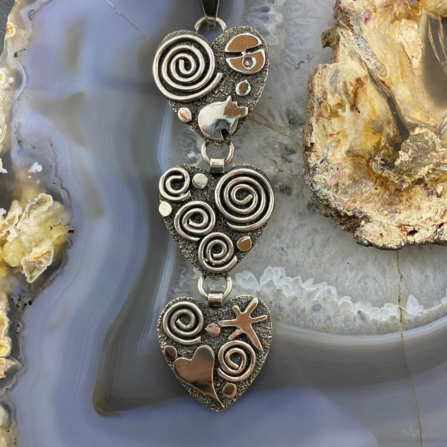 Alex Sanchez Sterling Silver Triple Petroglyph Heart Pendant For Women - Mountain of Jewels
