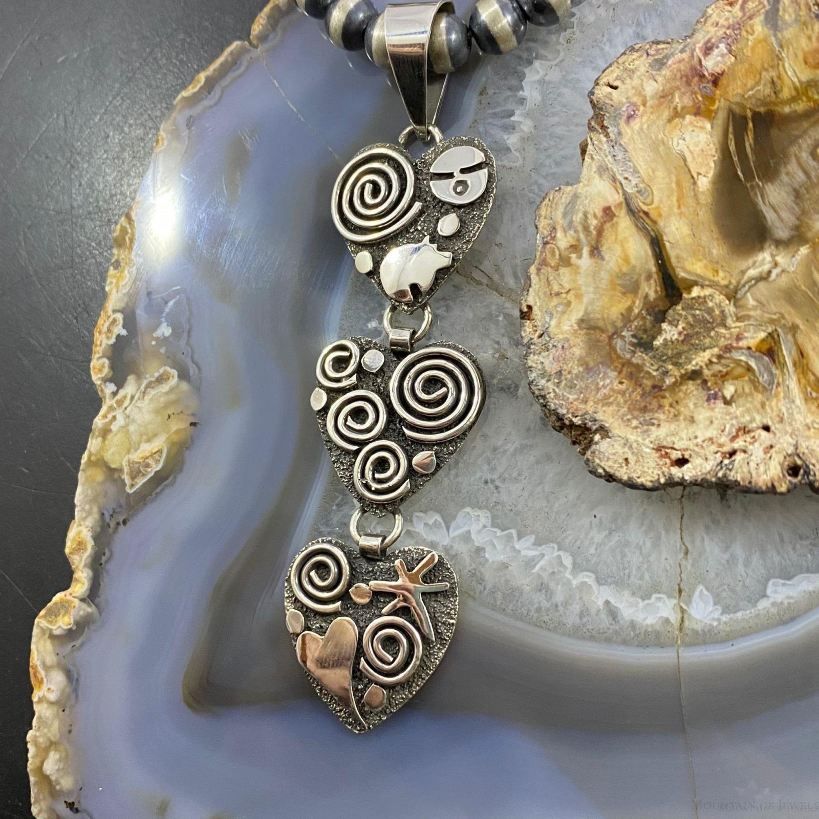 Alex Sanchez Sterling Silver Triple Petroglyph Heart Pendant For Women - Mountain of Jewels