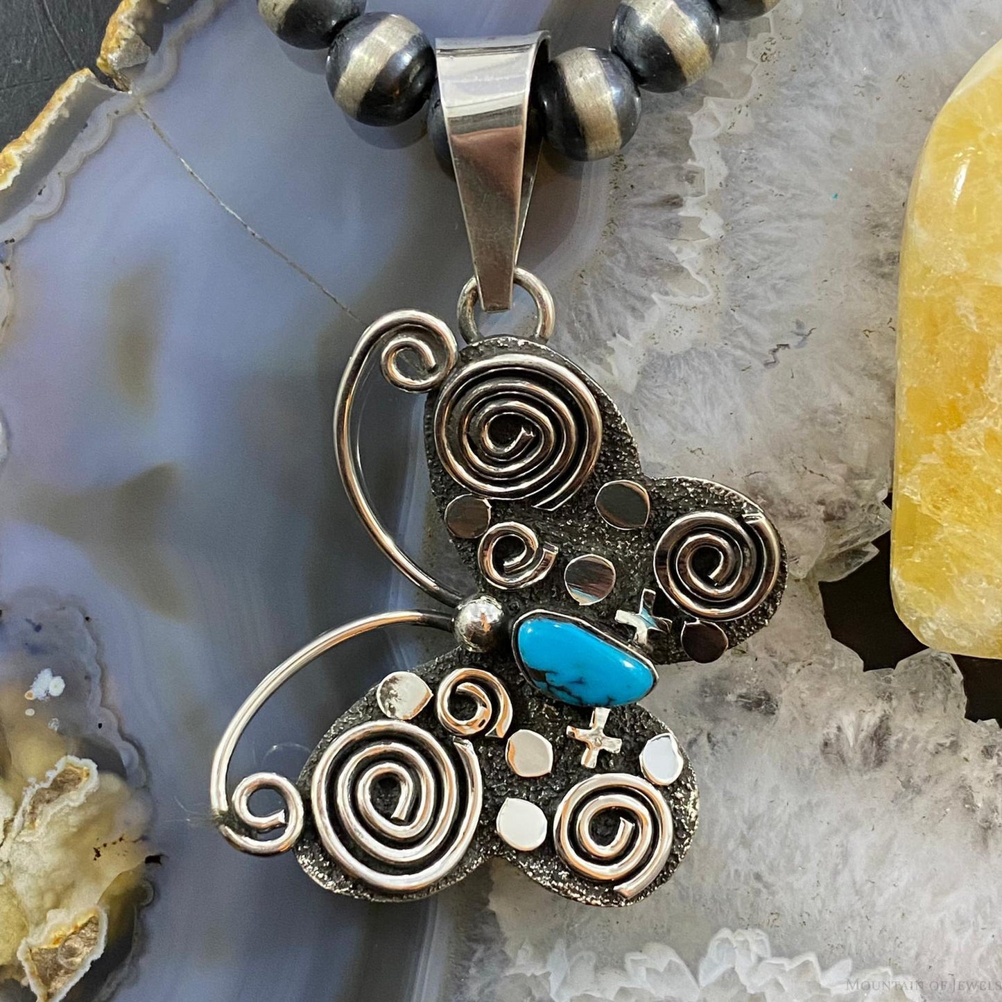 Alex Sanchez Sterling Silver Turquoise Butterfly Petroglyph Pendant For Women - Mountain of Jewels