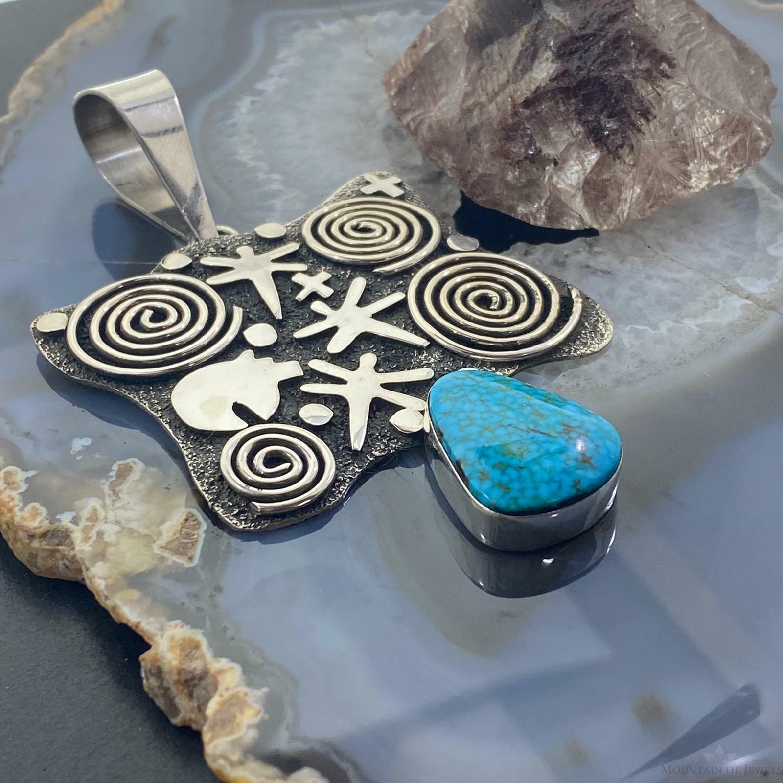 Alex Sanchez Sterling Silver Turquoise Petroglyph Unisex Long and Unique Pendant - Mountain of Jewels