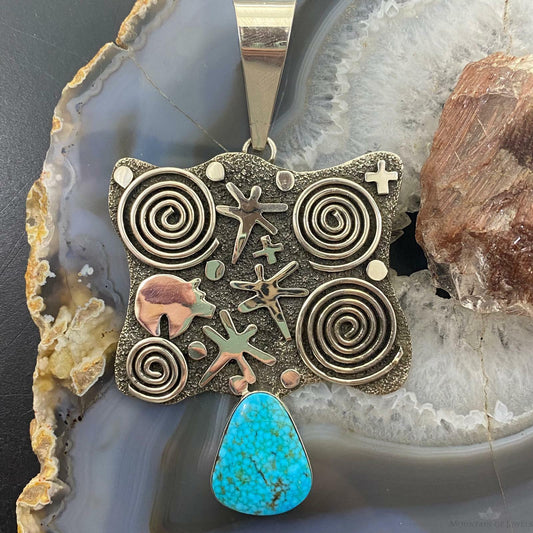 Alex Sanchez Sterling Silver Turquoise Petroglyph Unisex Long and Unique Pendant - Mountain of Jewels