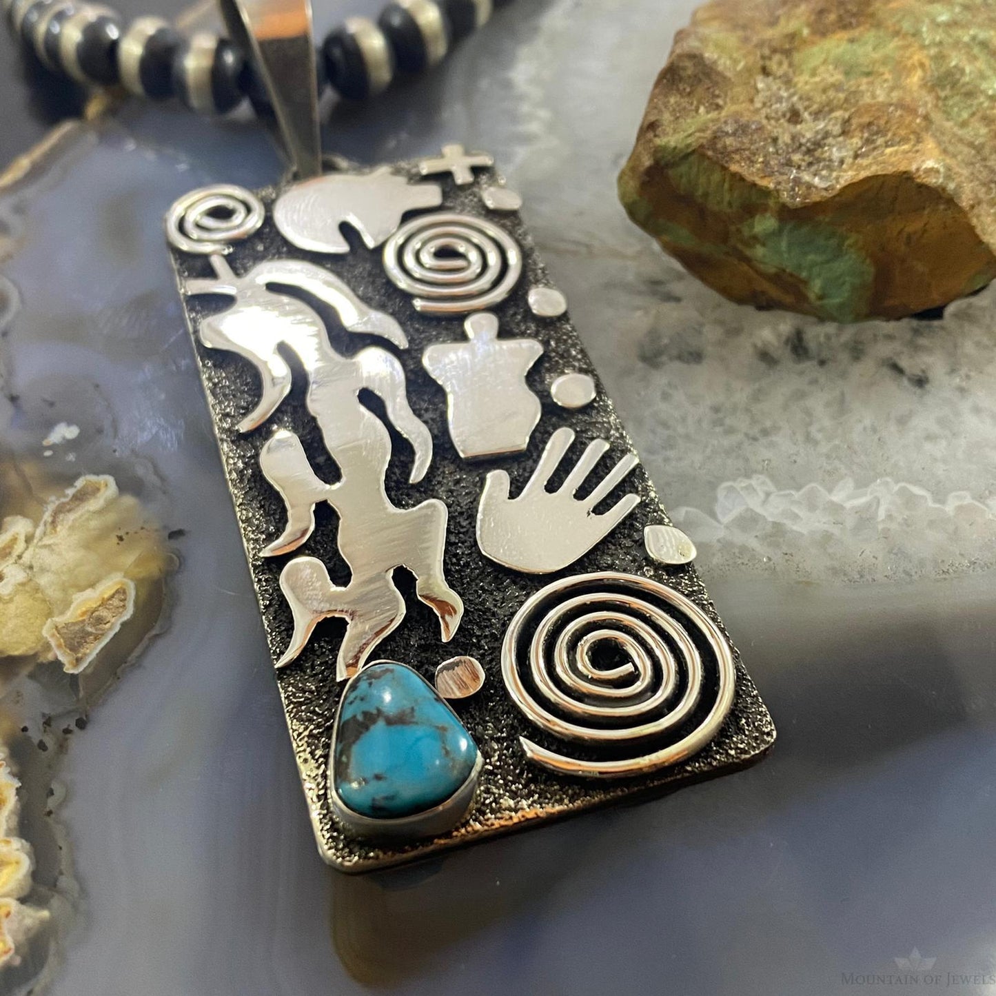 Alex Sanchez Sterling Silver Turquoise Rectangle Petroglyph Unisex Pendant #1 - Mountain of Jewels