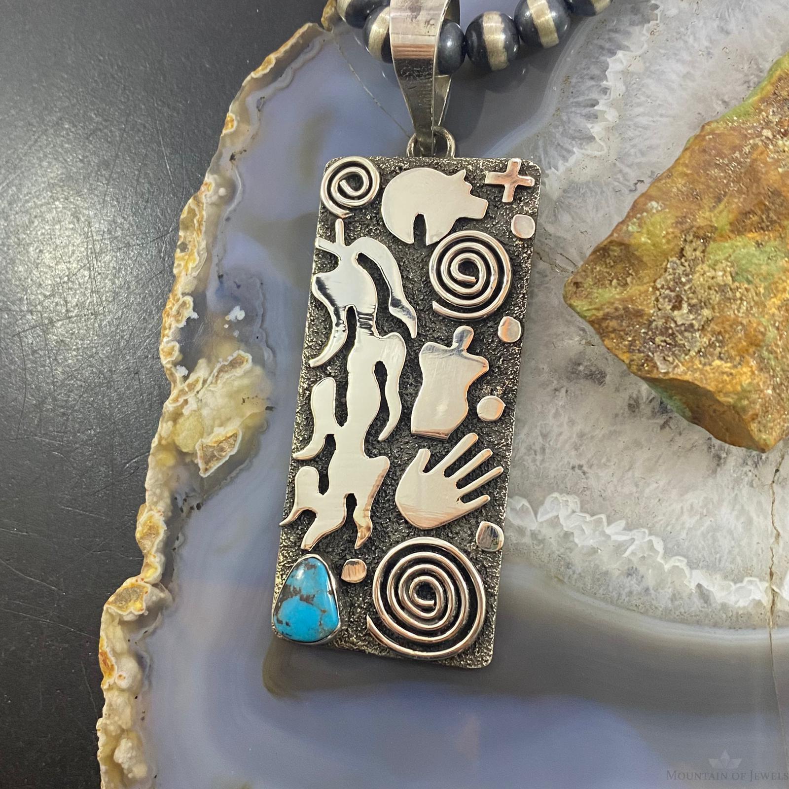 Alex Sanchez Sterling Silver Turquoise Rectangle Petroglyph Unisex Pendant #1 - Mountain of Jewels