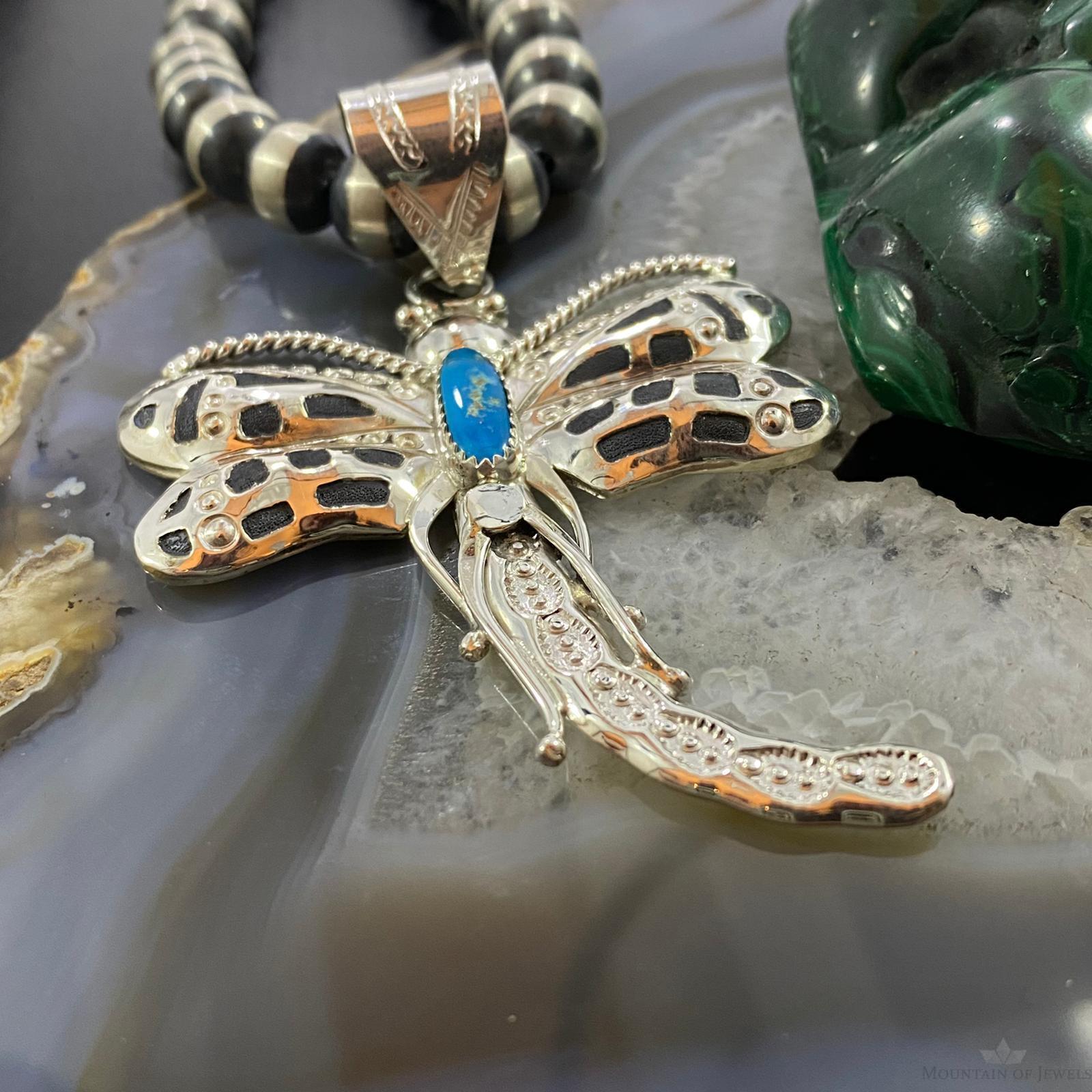 Alonzo Mariano Native American Sterling Kingman Turquoise Dragonfly Pendant - Mountain of Jewels