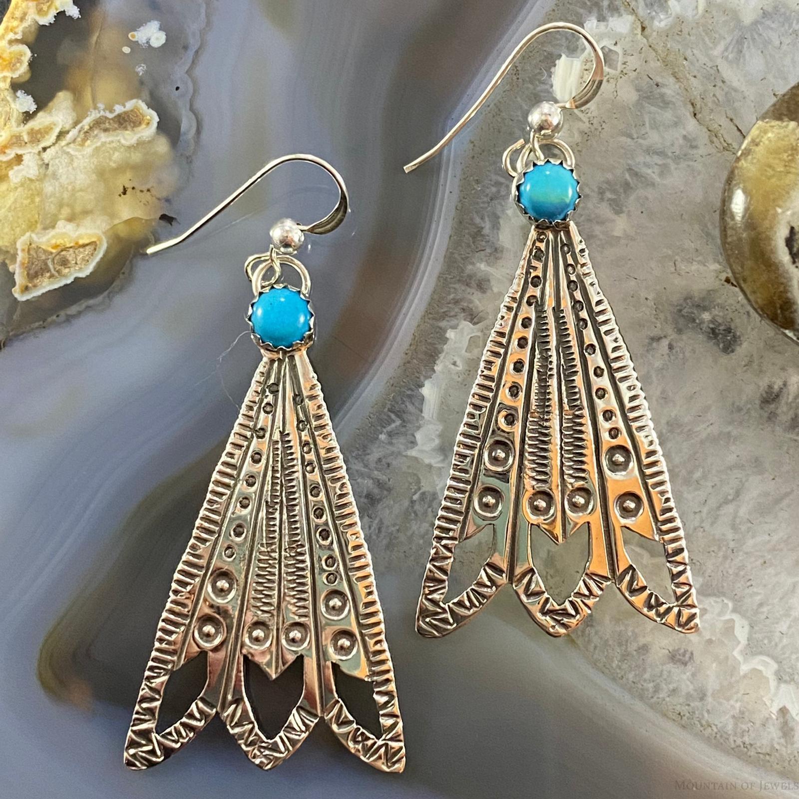 Brad Panteah Native American Sterling Turquoise Feather Style Dangle Earrings For Women - Mountain of Jewels