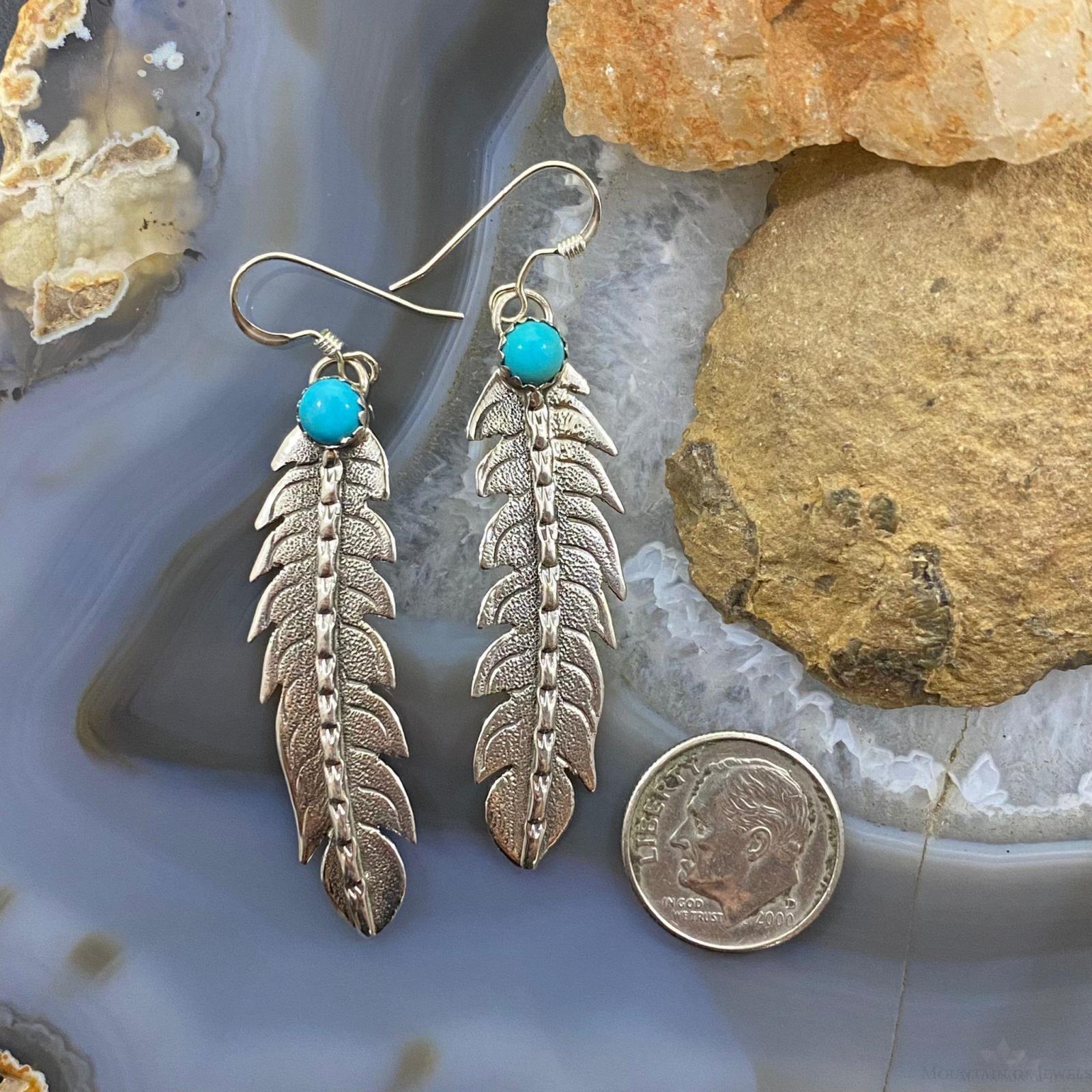 Brad Panteah Sterling Silver Turquoise Slim Feather Texture Dangle Earrings - Mountain Of Jewels