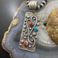 Delbert Secatero Curved Decorated Turquoise & Coral Sterling Silver Pendant - Mountain Of Jewels