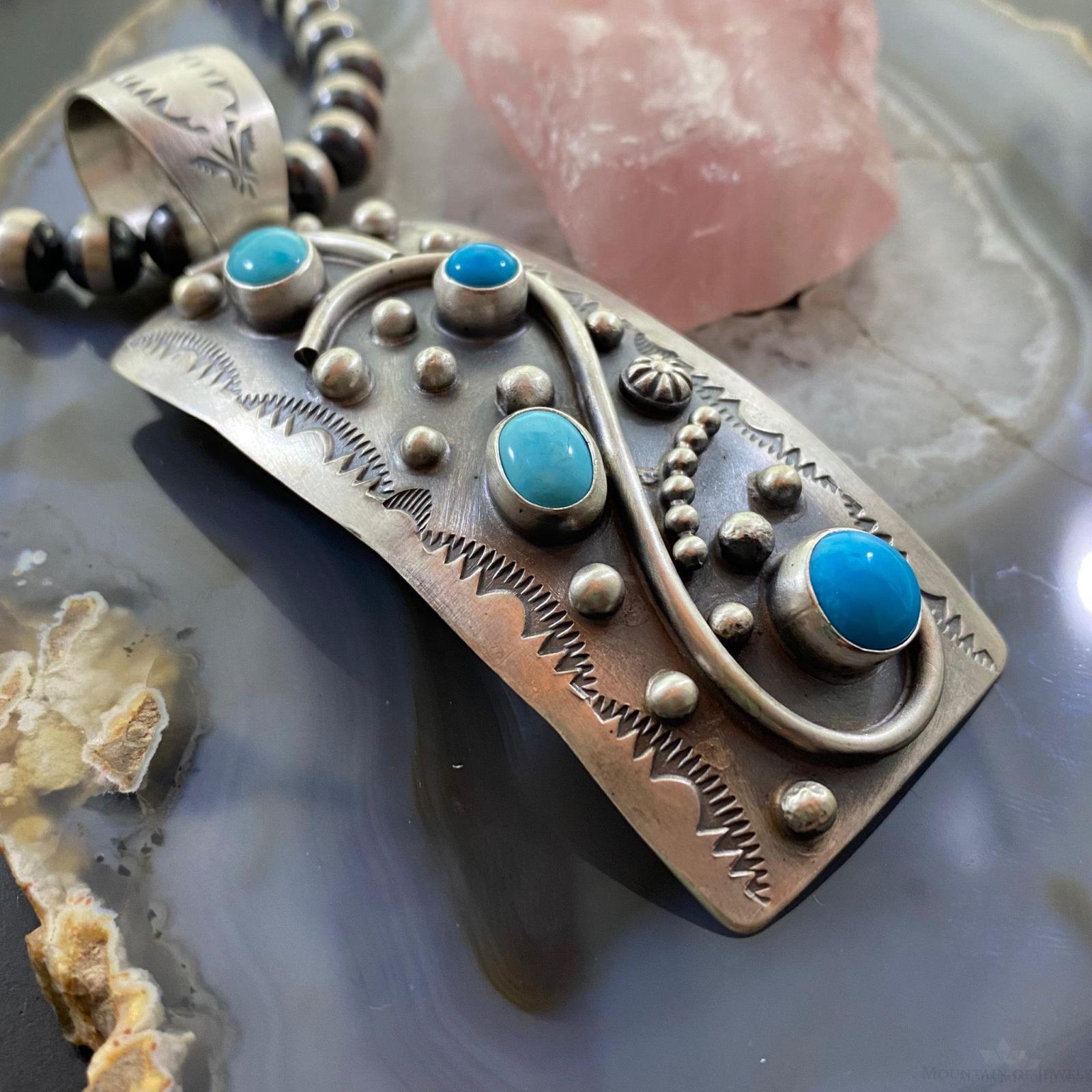 Delbert Secatero Curved Decorated Turquoise Sterling Silver Unisex Pendant - Mountain Of Jewels