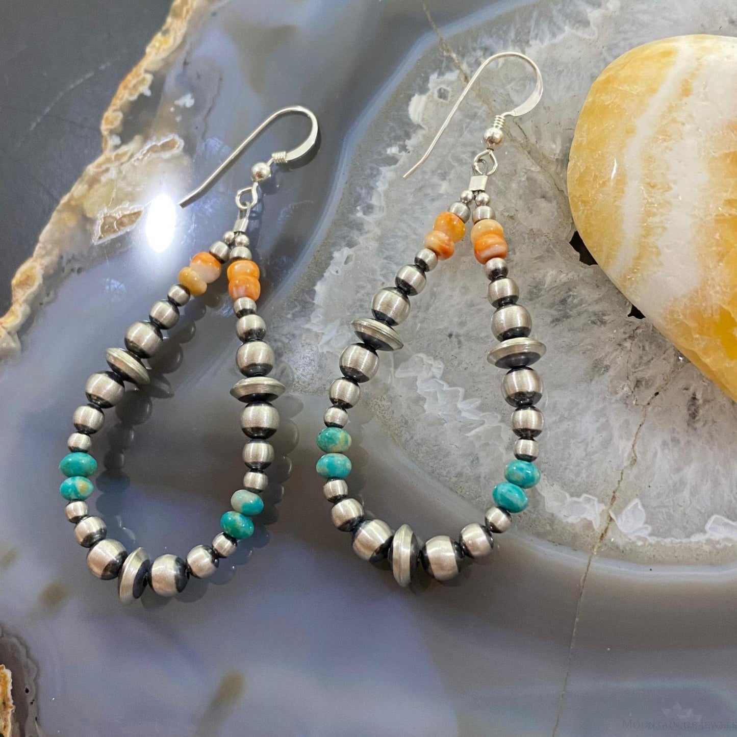 Graduated Navajo Pearl Beads ,Turquoise & Spiny Oyster Sterling Silver Earrings - Mountain of Jewels