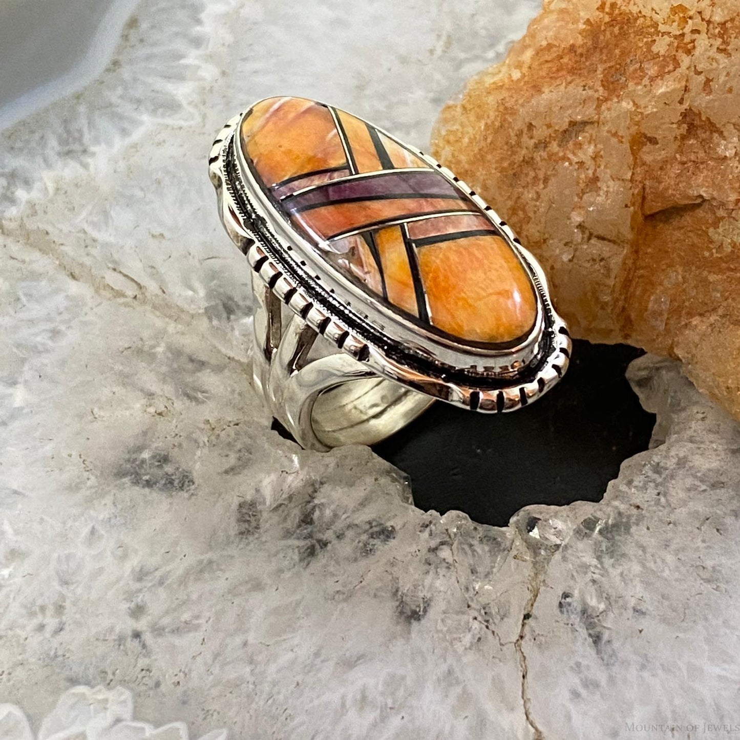 Native American Sterling Elongated Oval Multi Spiny Oyster Inlay Ring Size 6 - Mountain Of Jewels