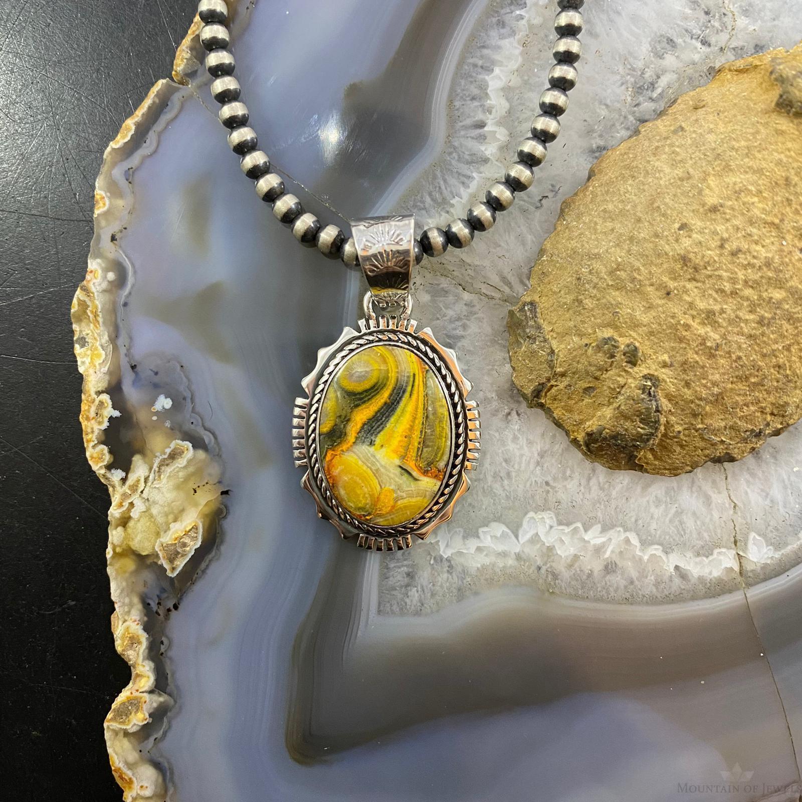 Native American Sterling Oval Bumblebee Jasper Decorated Pendant For Women - Mountain Of Jewels
