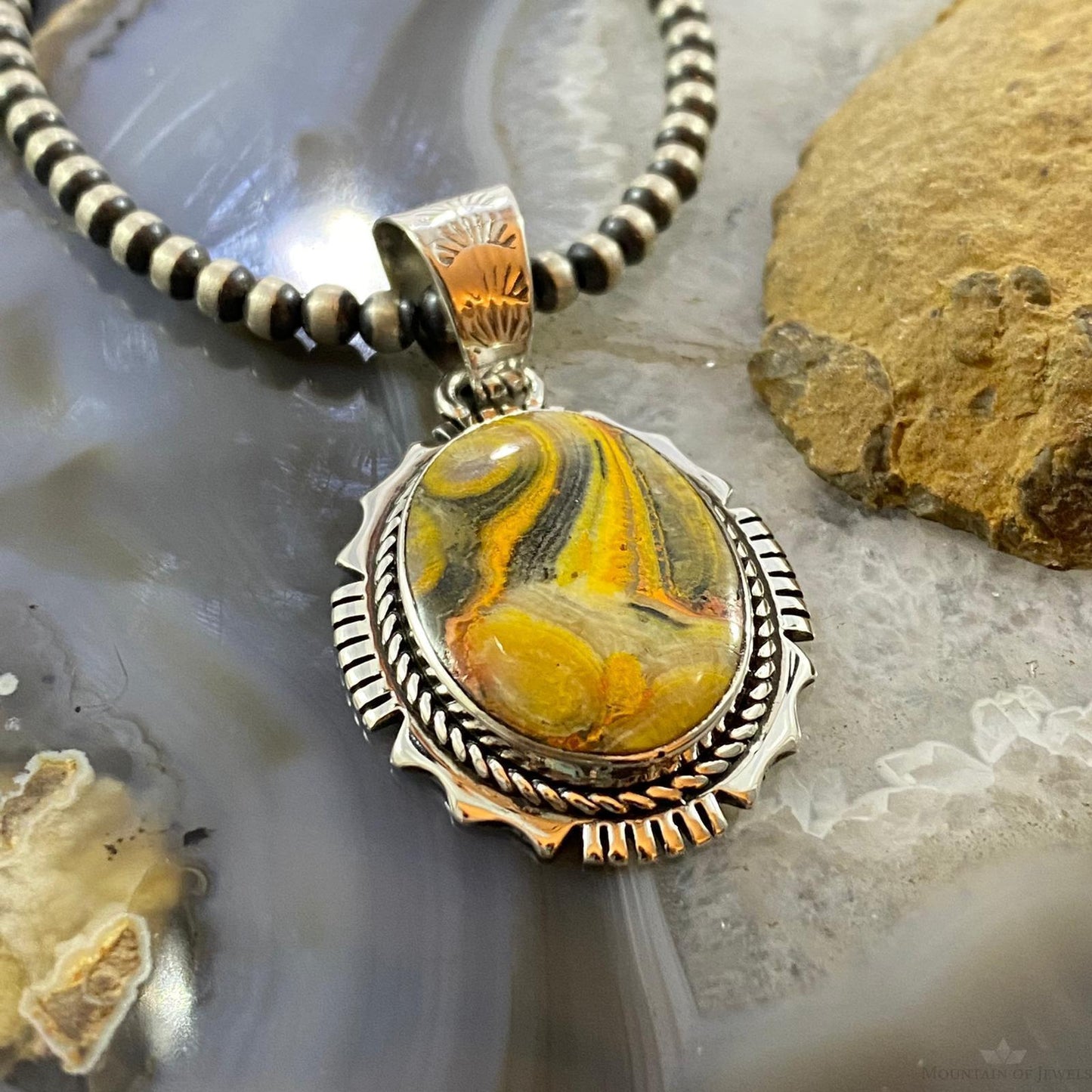 Native American Sterling Oval Bumblebee Jasper Decorated Pendant For Women - Mountain Of Jewels