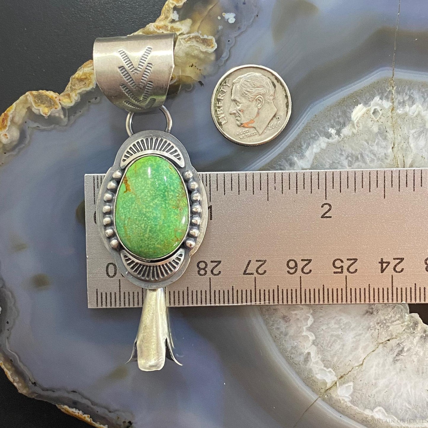 Native American Sterling Silver Green Turquoise Single Squash Blossom Pendant - Mountain of Jewels