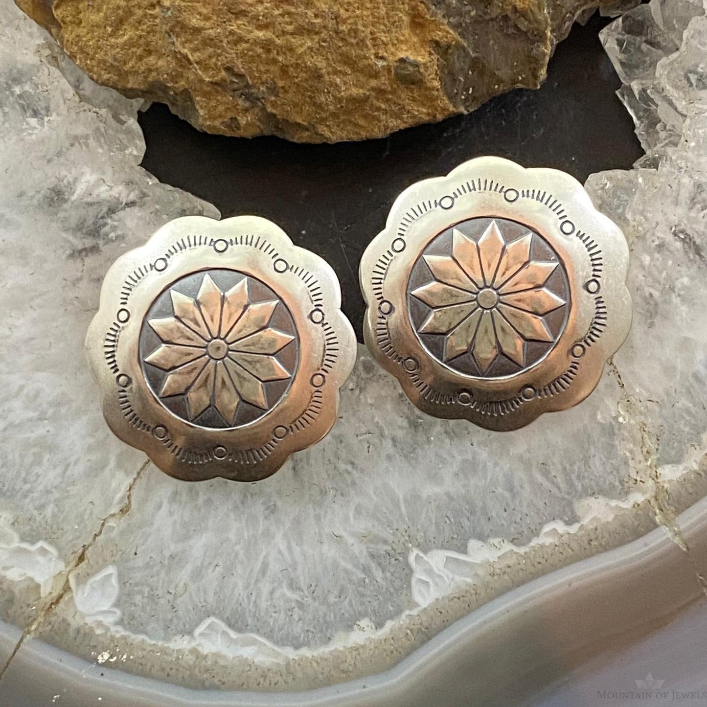 Native American Sterling Silver Round Stamped Concho Stud Earrings For Women #3 - Mountain of Jewels