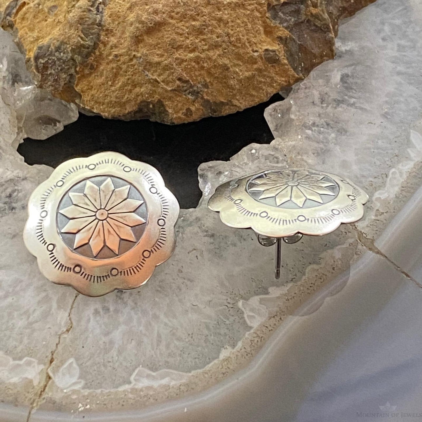 Native American Sterling Silver Round Stamped Concho Stud Earrings For Women #3 - Mountain of Jewels