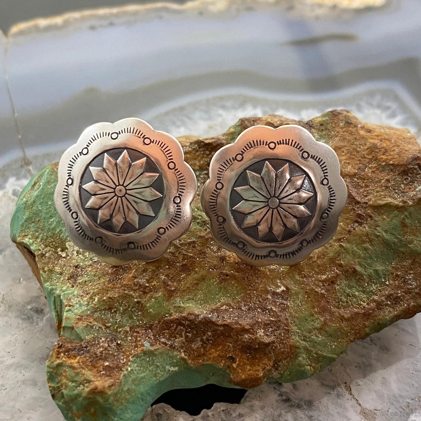 Native American Sterling Silver Round Stamped Concho Stud Earrings For Women #3 - Mountain of Jewels