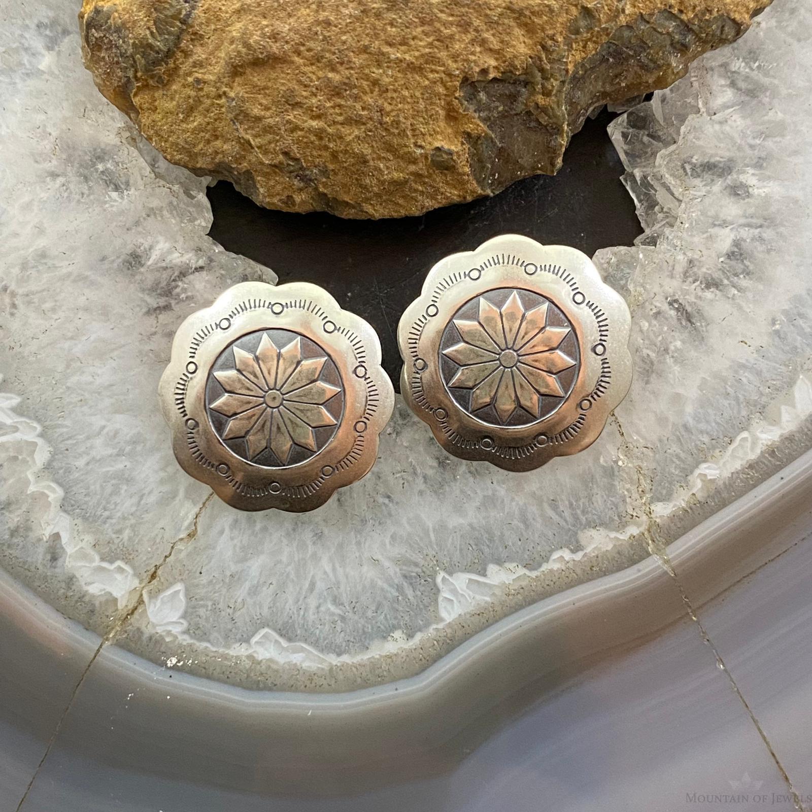 Native American Sterling Silver Round Stamped Concho Stud Earrings For Women #3 - Mountain of Jewels