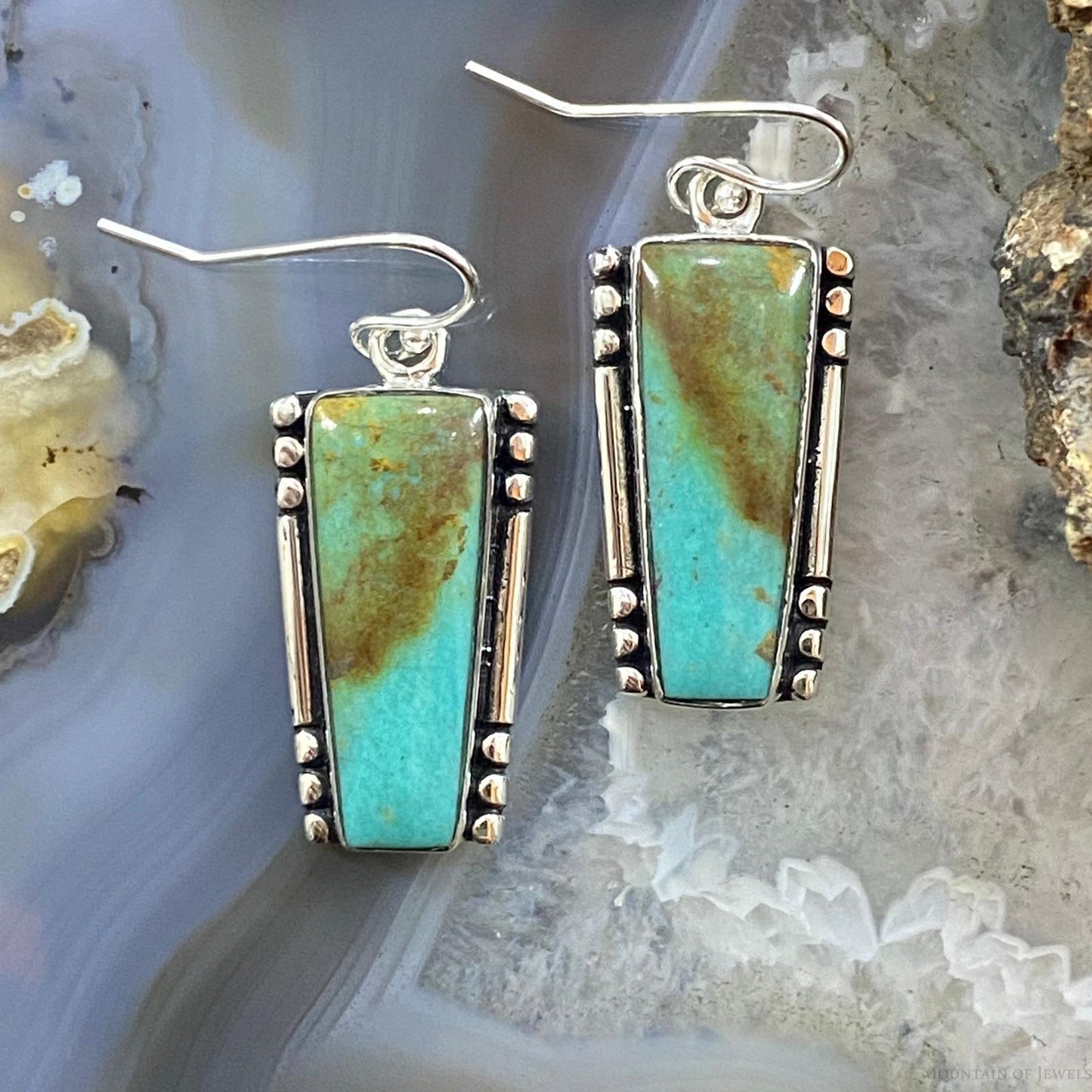 Native American Sterling Silver Trapezoid Turquoise Dangle Earrings For Women - Mountain of Jewels