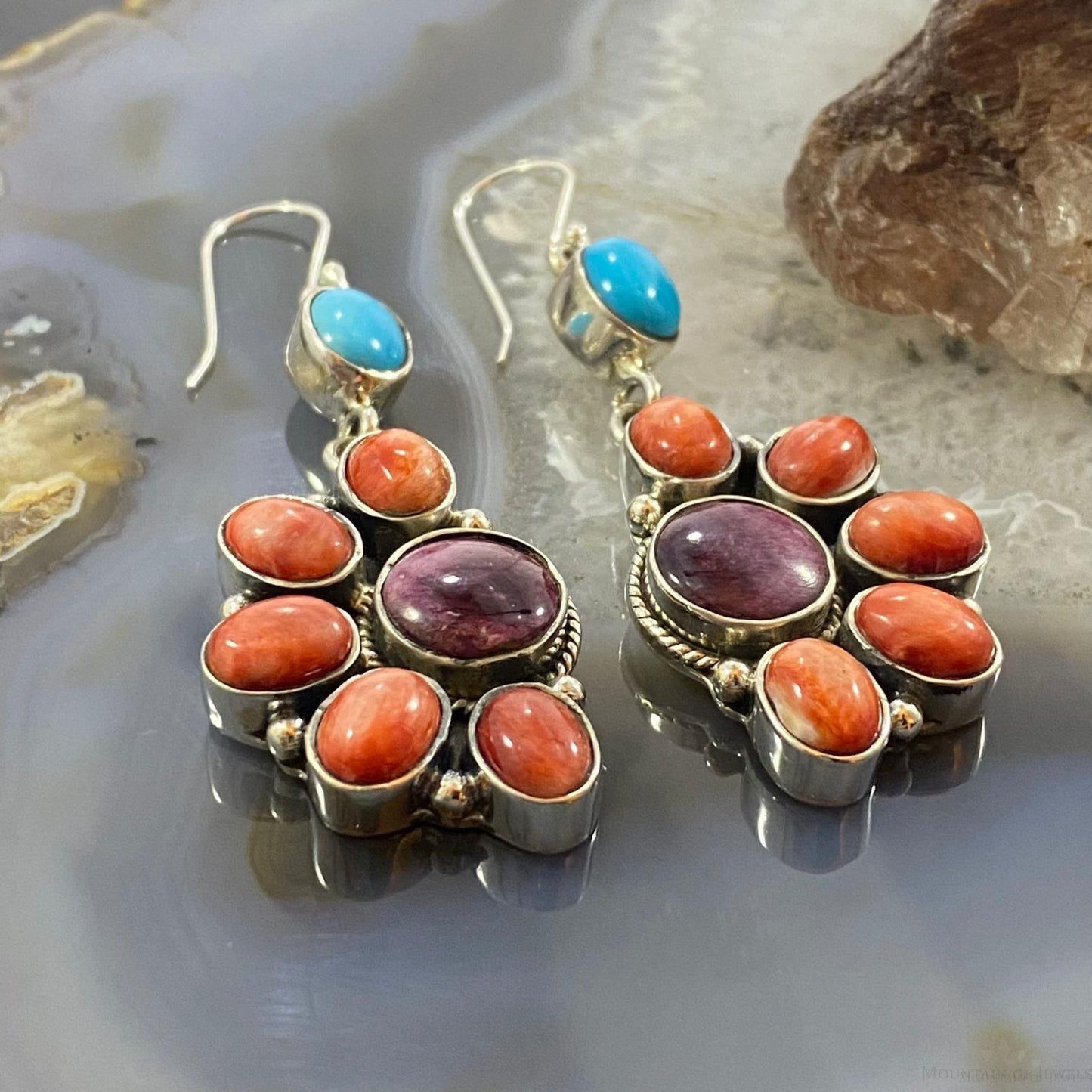 Native American Sterling Turquoise, Purple & Orange Spiny Oyster Dangle Earrings For Women - Mountain of Jewels