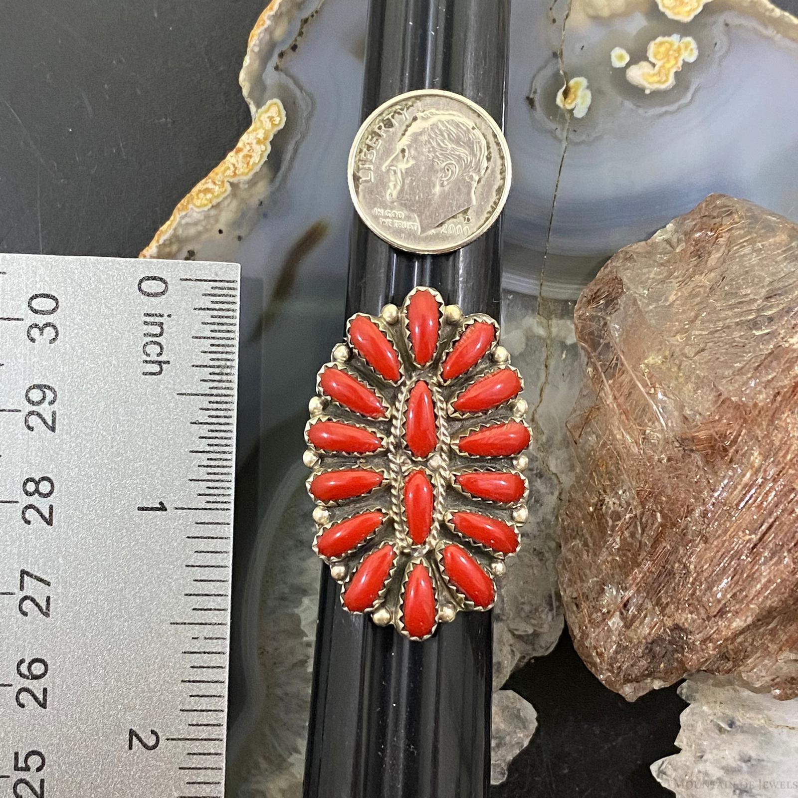 P. Jones Native American Sterling Silver Coral Cluster Ring Sz 8.5 and 8.75 - Mountain Of Jewels